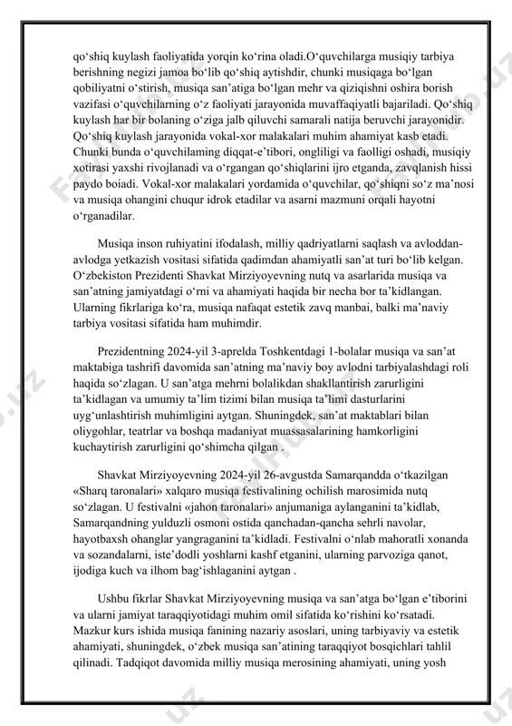 malakalari yordamida o‘quvchilar, qo‘shiqni so‘z ma’nosi va musiqa ohangini chuqur idrok etadilar va asarni mazmuni orqali hayotni o‘rganadilar. musiqa inson ruhiyatini ifodalash, milliy qadriyatlarni saqlash va avloddan-avlodga yetkazish vositasi sifatida qadimdan ahamiyatli san’at turi bo‘lib kelgan. o‘zbekiston prezidenti shavkat mirziyoyevning nutq va asarlarida musiqa va san’atning jamiyatdagi o‘rni va ahamiyati haqida bir necha bor ta’kidlangan. ularning fikrlariga ko‘ra, musiqa nafaqat estetik zavq manbai, balki ma’naviy tarbiya vositasi sifatida ham muhimdir. prezidentning 2024-yil 3-aprelda toshkentdagi 1-bolalar musiqa va san’at maktabiga tashrifi davomida san’atning ma’naviy boy avlodni tarbiyalashdagi roli haqida so‘zlagan. u san’atga mehrni bolalikdan shakllantirish zarurligini ta’kidlagan va umumiy ta’lim tizimi bilan musiqa ta’limi dasturlarini uyg‘unlashtirish muhimligini aytgan. shuningdek, san’at maktablari bilan oliygohlar, teatrlar va boshqa madaniyat muassasalarining hamkorligini kuchaytirish zarurligini qo‘shimcha qilgan . shavkat mirziyoyevning 2024-yil 26-avgustda samarqandda o‘tkazilgan «sharq taronalari» xalqaro musiqa festivalining ochilish marosimida nutq so‘zlagan. u festivalni «jahon taronalari» anjumaniga aylanganini ta’kidlab, samarqandning yulduzli osmoni ostida qanchadan-qancha …