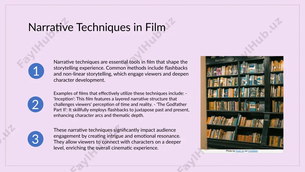 es reality versus dreams. these motifs shape the narrative and deepen character arcs. comparing themes and motifs understanding their distinct roles in film themes convey the film's underlying messages, while motifs are recurring elements that reinforce those themes. together, they create depth and enhance storytelling. the interplay between themes and motifs shapes audience perception, guiding emotional responses and interpretations throughout the film's narrative. examples of effective theme and motif integration in 'inception', the theme of dreams vs. reality is mirrored by the motif of spinning tops, symbolizing the fine line between the two worlds. in 'pan's labyrinth', the theme of innocence lost is reinforced by the recurring motif of the labyrinth, representing the journey through darkness and complexity. conclusions - cinematic storytelling mirrors literary techniques, making it a compelling medium. - narrative tools like flashbacks enhance audience engagement and understanding. - visual elements, including cinematography and lighting, greatly influence storytelling …
