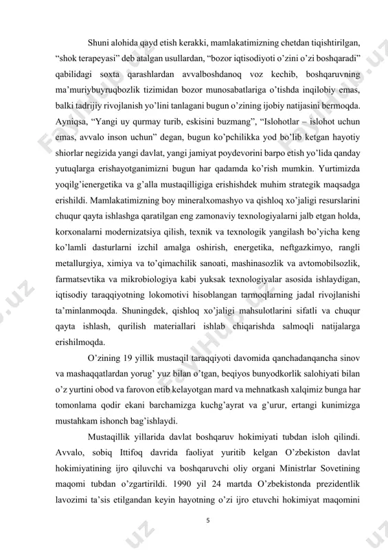 ifasi yuklandi. o’zbekistonda davlat ijroiya hokimiyatini takomillashtirishda o’zbekiston respublikasining konstitutsiyasi muhim omil bo’ldi. konstitutsiyaning 98 moddasiga muvofiq vazirlar mahkamasining tarkibi o’zbekiston respublikasining prezidenti tomonidan shakllantiriladi. o’zbekiston respublikasi bosh vaziri nomzodi prezident taklifiga binоаn o’zbekiston respublikasi oliy majlisining palatalari tomonidan ko’rib chiqiladi va tasdiqlanadi. vazirlar mahkamasi a’zolari tarkibiga bosh vazir, uning o’rinbosarlari, vazirlar, davlat qo’mitalari raislari va qoraqalpog’iston respublikasi vazirlar kengashining raisi kiradi. vazirlar mahkamasi o’zbekiston respublikasining hukumati bo’lib, ijro etuvchi hokimiyatdir. uning vazifalari: · davlat budjetini ishlab chiqadi va oliy majlisga taqdim etadi hamda uning bajarilishini ta’minlaydi; oliy majlisga davlat budjetining bajarilishi haqida hisobot beradi; · yagona moliya, kredit va рul siyosati yuritilishini ta’minlaydi; · madaniyat, fаn, maorif, ijtimoiy ta’minot, ekologiya sohasidagi yagona davlat siyosati yuritilishini ta’minlaydi; · mamlakatni mudofaa qilish, davlat xavfsizligi, tashqi siyosatni amalga oshirishni ta’minlash bo’yicha choratadbirlarni amalga oshiradi; · qonuniylik, fuqarolarning huquqlari va erkinliklarini ta’minlash, xususiy mulk va jamoat tartibini muhofaza qilish, jinoyatchilikka qarshi kurash bo’yicha …