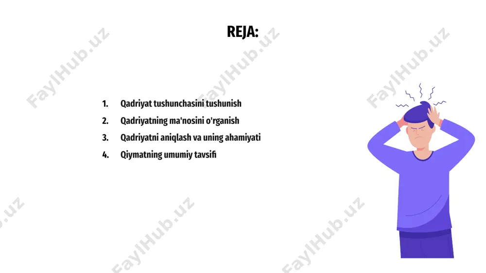 b ijtimoiy va individual tanlovlarni boshqarish uchun juda muhimdir. qiymatning umumiy tavsifi qiymat tushunchasi mahsulot, xizmat yoki g'oya bo'ladimi, biror narsaning qiymati yoki ahamiyatini bildiradi. bu ob'ekt yoki tushunchaning shaxs yoki jamiyat uchun ahamiyati va foydaliligini ifodalaydi. qiymat sub'ektiv bo'lishi mumkin va individual in'ikoslar, madaniy e'tiqodlar va shaxsiy tajribaga bog'liq bo'lishi mumkin. bunga bozor talabi, taqchilligi va buyumning ichki sifatlari ham ta'sir qiladi. qiymatning umumiy tavsifini tushunish uning ko'p qirrali tabiatini va xilma-xil talqinlarini tan olishni o'z ichiga oladi. mohiyatan, qiymatning umumiy tavsifi iqtisodiy, ijtimoiy va hissiy jihatlarni qamrab oluvchi moddiy va nomoddiy jihatlarni qamrab oladi. bu qaror qabul qilishda, resurslarni taqsimlashda va umumiy farovonlikda hal qiluvchi rol o'ynaydigan murakkab va dinamik tushunchadir. qadriyat tushunchasini ochish qiymat tushunchasi biror narsaga yoki kimgadir berilgan qiymat yoki ahamiyatni anglatadi. bu sub'ektiv in'ikos bo'lib, u odamdan odamga farq qilishi mumkin. qiymat turli yo'llar bilan, masalan, iqtisodiy yoki hissiy atamalar orqali o'lchanishi mumkin. iqtisodiy …