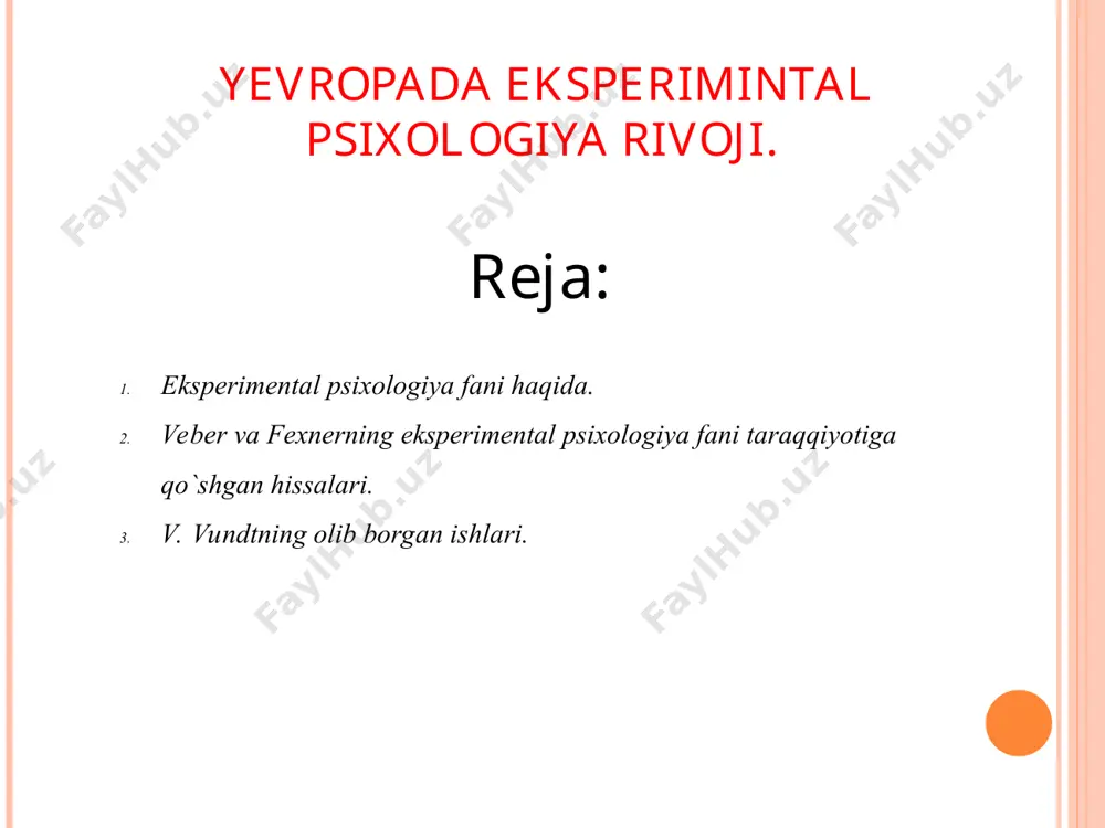 iboratki, ular birinchi bo`lib psixologiyani, tabiat fanlari singari, eksperimental fanga aylantirish mumkin ekanligini isbotladilar. shu vaqtgacha faqat kuzatish, asosan, o`z-o`zini kuzatishdan foydalanib kelinayotgan psixologiya endi aniq fanlardagi ob`ektiv metoddan foydalana boshlaydi. eksperimental metodning tatbiq qilinishi psixologiya fani taraqqiyotiga juda unumli ta`sir ko`rsatdi. bu metod yordamida oddiy kuzatish yoki o`z-o`zini kuzatish yo`li bilan aniqlash qiyin bo`lgan yoki butunlay mumkin bulmagan ko`p ma`lumotlar aniqlandi, ayrim psixik xodisalar o`rtasidagi bog`lanishlar aniqlangan, psixik processlardagi, ayniqsa, sezgilar, diqqat, idrok, xotira soxasidagi ba`zi bir qonuniyatlar ochilgan. eksperimental analiz yo`li bilan murakkab psixik processlar (idrok, xotira, tafakkur)ning aloxida komponentlari tarkibiy qismlari ajratilgan, psixik processlarning fiziologik xodisalar bilan, shuningdek, tashqi fizik muxit hamda ijtimoiy muxit bilan bo`lgan bog`lanishlari ochilgan. eksperimental tekshirishlarning yakunlari, shuningdek, eksperimental metodning usullaridan foydalanish praktik faoliyatning turli soxalarida – o`quv tarbiya ishlarida, medicinada, mexnatni tashkil qilish va ratsionalizatsiyalashtirishda, sud ishlarida, san`atda juda ko`p foyda keltiradi. * foydalanilgan adabiyotlar: praktikum po obhey i eksperimental’noy psixologii l-1997 …