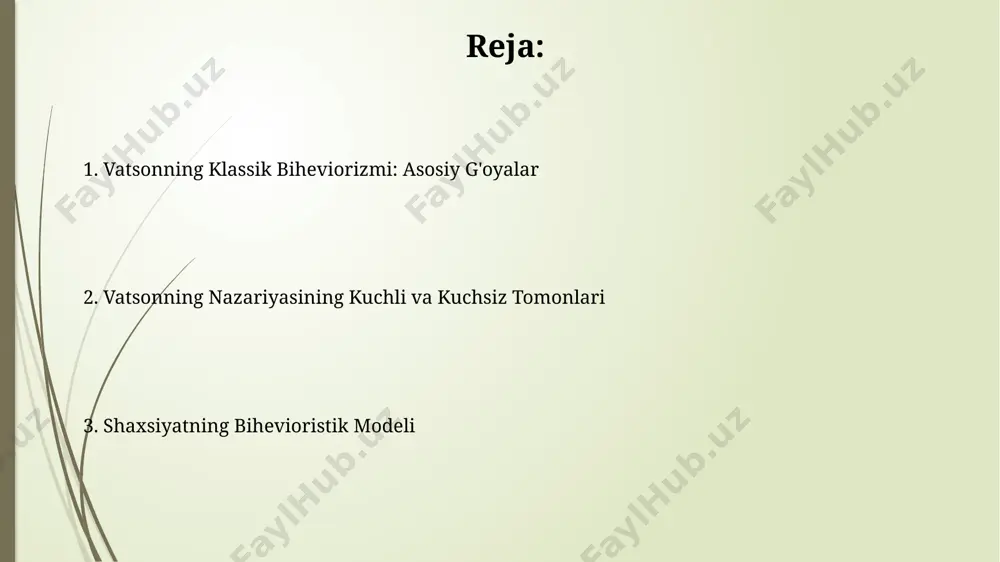 tdi va 5 tasida kuchlanish uzoqroq davom etdi. votsonning klassik biheviorizmi 1920-yillarda amerika qo'shma shtatlarida kuchli ta'sir ko'rsatdi, kuchlanish va qoniqish tushunchalarini o'rganishda o'rni muhim bo'ldi, chunki u stimullar va reaksiyalarni aniq o'lchovlar orqali o'rganishga e'tibor qaratdi. votsonning tashqi muhit ta’siri haqidagi g‘oyalari votsonning fikricha, 12 ta chaqaloq ustida olib borilgan tajribalari natijalari, atrof-muhit omillarining inson shaxsini shakllantirishdagi ahamiyatini 3 yoshgacha bo'lgan davrda ko'rsatadi. votson, shaxsning rivojlanishida 7ta asosiy atrof-muhit omillarini ajratib ko'rsatib, ularning har biri insonning xatti-harakatlariga turlicha ta'sir ko'rsatishini ta'kidlagan. votsonning klassik biheviorizmi ta’rifi votsonning klassik biheviorizmi 1913-yilda, aqshda, o'zining "psixologiyaning maqsadi" nomli inqilobiy maqolasida shaxsni o'rganishda muhitning rolini ta'kidlagan holda taqdim etildi. votsonning yondashuvi, 1920-yillarda, rossiya va yevropaning ba'zi qismlarida keng tarqalgan bo'lib, bolalarni tarbiyalashda yangi uslublarni shakllantirishga hissa qo'shdi. odatiylashtirish va o‘rganish mexanizmlari j.b. uotsonning 1920-yillardagi tadqiqotlari natijasida, aqshda o‘tkazilgan tajribalar odatiylashtirish jarayonida 2-3 marta takrorlashning muhimligini ko‘rsatdi. odatiylashtirish mexanizmlarini tushunishda rossiyaning pavlov tomonidan o‘tkazilgan shartsiz …
