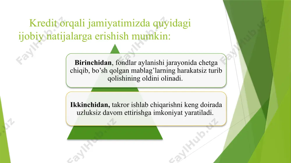 icha: -milliy, -xorijiy banklarga; faoliyat ko’rsatishi va bajaradigan funktsiyalariga qarab: -depozit, -universal, -ixtisoslashgan banklarga bo’linadi: kredit tizimining yana bir qismi nobank kredit muassasalari bo’lib, ular davlat va korxonalarni moliyalashtirish uzoq muddatli kreditlash bilan shug’ullanadi. o’zbekistonda nobank kredit tashkilotlari to’g’risida qonun loyihasi ko’rib chiqildi. unda sug’urta kompaniyalari, nafaqa fondlari va boshqa fondlarning mablag’laridan oqilona foydalanish va bu mablag’larning samaradorligini ta’minlash masalasi qo’yilgan edi. har bir mamlakatning kredit tizimi o’z xususiyatiga ega bo’lib, rivojlangan yirik universal banklari tarmoqlarining ko’pligi va xilma-xilligi bilan ajralib turadi. kreditning turlari va shakillari 4. kredit qaysi usulda va muddatda, kim tomonidan berilishi va qarz oluvchilarga taklif qilinishiga qarab, bir necha tur va shakllarga bo’linadi. a. kreditning berilish muddatlariga qarab b.qaytarish muddatlari bo’yicha c.miqdori bo’yicha 1.qisqa muddatli kreditlash 2.muddati uzaytirilgan kredit 1.muddatli kredit 2.uzoq muddatli kreditlash 1.mikro-kreditlar 3. muddati o’tgan kreditlar 2. makro-kreditlar 3.mono-kreditlar qisqa muddatli kreditlash qisqa muddatli kredit berishda kreditlar bir necha oydan bir yilgacha bo’lgan …