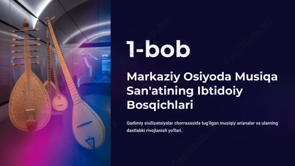 rituallarda va bayramlardagi o'rni adabiy ta'sir bo tsyuy-i va yuan chjen kabi mashhur xitoy shoirlarining sharqiy musiqa va raqsga bag'ishlangan she'rlari o'zbek adabiyotiga ham ta'sir ko'rsatgan. madaniyatlararo musiqiy ko'prik sharqiy raqqosalar va musiqachilar orqali amalga oshgan madaniyatlar o'rtasidagi boy almashinuv jarayoni. 4-bob sovet davrida va mustaqillikdan keyingi rivojlanish xx-xxi asrlarda o'zbek musiqasining yangi bosqichlari va zamonaviy rivojlanish yo'llari. sovet davrida o'zbek musiqasining yangi bosqichi klassik maktab professional musiqa ta'limining tizimli tashkil etilishi milliy-zamonaviy folklor elementlari va zamonaviy texnikalarning uyg'unligi mustaqillik davri milliy qadriyatlarning qayta tiklanishi va pop musiqaning rivojlanishi sharq taronalari festivali: xalqaro musiqiy maydon festival siklhi samarqandda har ikki yilda muntazam ravishda o'tkaziladigan xalqaro festival xalqaro ishtirok dunyoning 50 dan ortiq mamlakatidan kelgan san'atkorlar qatnashadi global o'rin o'zbek musiqasining jahon sahnasidagi nufuzini mustahkamlash e'tiboringiz uchun rahmat image1.png image2.png image3.png image4.png image5.png image6.png image7.png image8.png image9.png image10.png image11.png image12.png image13.png image14.png image15.png image16.png image17.png image18.png