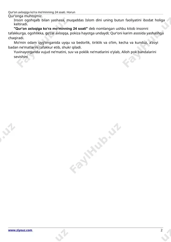 shbu kitob insonni tafakkurga, ogohlikka, go‘zal axloqqa, pokiza hayotga undaydi; qur’oni karim asosida yashashga chaqiradi. mo‘min odam uyg‘onganida uyqu va bedorlik, tiriklik va o‘lim, kecha va kunduz, a’zoyi badan ne’matlarini tafakkur etib, shukr qiladi. yuvinayotganda vujud ne’matini, suv va poklik ne’matlarini o‘ylab, alloh pok bandalarini sevishini fikrlab, masrur bo‘ladi. kiyinayotganda badanni berkitib turadigan, issiqdan, sovuqdan va turli zararlardan saqlaydigan kiyim-kechak ne’matini, taomlanayotgan paytida halol luqma, quvvat va ibodat, meva-sabzavot, olov va taom ne’matlarini tafakkur qilib, parvardigoriga shukr aytadi. yo‘l yurayotganida yer va osmon, suv va quruqlik, yurish va ulov: ot, eshak, xachir, tuya, avtomashina, poyezd, samolyot, kema va hali inson zoti bilmagan turli naqliyot vositalarini fikrlab, ularga sabab bo‘lgan temir, po‘lat, mis va xilma-xil ma’danlarni o‘ylab ogohlanadi. ish-xizmat, savdo-sotiq asnolarida rizqning orqasidan quvib allohni unutmaslikka, dunyo hirsiga berilib, taqvoni unutmaslikka, oxiratni qo‘ldan bermaslikka urinadi. ibodat asnosida bu ne’matni hamma narsadan ustun qo‘yib, ixlos va muhabbat bilan, xorlik va zorilik, ogoh …