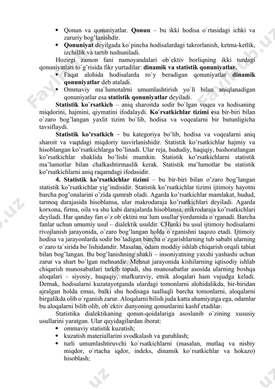 iy ne`mat ishlab chiqarish ko`zda tutiladi. statistika iqtisodiy hodisalar miqdorini, ijtimoiy taraqqiyot negizi – iqtisodiy qonun va qonuniyatlarni aniq vaqt va joy sharoitida qanday miqdoriy bog’lanish va nisbatlarda yuzaga chiqayotganligini o`rganadi. bu o`rinda u ishlab chiqarishni uning ikki tomoni – ishlab chiqaruvchi kuchlar va ishlab chiqarish munosabatlarini bir butunligida olib tekshiradi. ikkinchidan, madaniy va ta`lim-tarbiya sohasidagi hodisalar tushuniladi. statistika ularni ham miqdor jihatdan o`rganadi. jumladan, u madaniy-ma`rifiy munosabatlarning, o`quv yurtlarining, maktab, bog’cha, kutubxona va hokazolarning rivojlanishini o`rganadi. uchinchidan, siyosiy va mafkuraviy hodisalar tushuniladi. barcha bo`lib o`tgan va bo`layotgan qurultoylar, plenumlar, sessiyalar, saylovlar, ulardagi qatnashchilarning soni, ovozlarning taqsimlanishi (ish tashlashlar, namoyishlar) kabilar ana shunday hodisalar turkumiga kiradi. to`rtinchidan, tabiiy hodislar tushuniladi. tabiiy ofatlar, ya`ni zilzila, suv toshqinlari, do`l yog’ishi, yong’in, portlash kabi hodisalar statistika fanining o`rganish ob`ekti hisoblanadi. statistika o’z predmetini quyidagi kategoriyalar yordamida o’rganadi: statistik to’plam – bu umumiy bog’liqlikda, qandaydir bir sifat belgisi bilan birlashgan va bir-biridan farq qiluvchi …