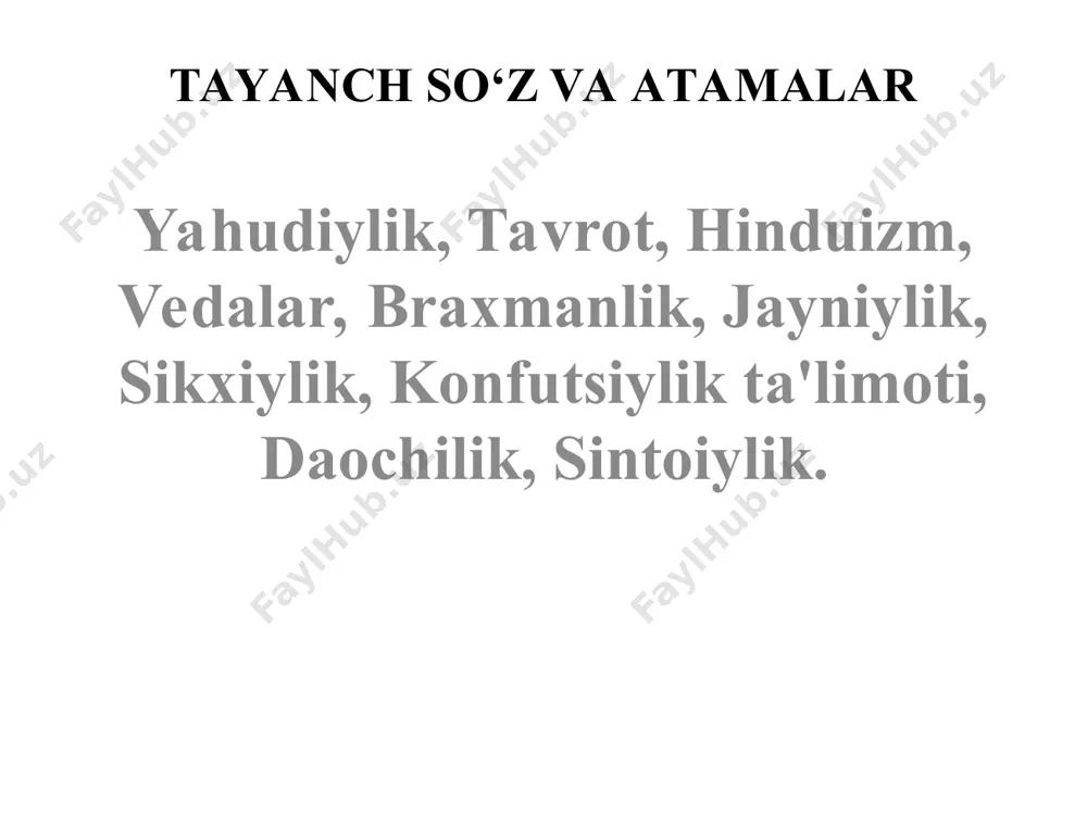 l moddiy buyumlar - tog’, qoya tosh, daraxt, keyinchalik turli hayvonlarning suyagi, pati, tumor, sanam va hokazolarda g’ayritabiiy kuchlar bor, degan tasavvur paydo bo’lgan. fetishizm - masalan, xristianlarda krestga (butga) sig’inish, islomda esa turli o’simlik turlarini - sedana, ko’ztikan, qalampirmunchok, achchiq qalampir, isiriq, chilonjiyda, daraxtlardan - yong’oq, chinor, archa va boshqalar muqaddaslashtirilib, boshqa buyumlarga shomonizm - ibtidoiy jamoa tuzumi emirilishi davrida paydo bo’lgan animistik e’tiqod va ibodatning keng doirasiga kiradigan qadimgi diniy e’tiqodlardan biri. uning o’ziga xos xususiyati - kishilar orasida turli ruhlar bilan munosabatda bo’la oladigan shomonlar qobiliyatiga ishonishdir. shomonlarga, shuningdek, kelajakni oldin aytib berish, kasalni davolash, o’lganlarni oxiratga uzatish, tabiatda xohlagancha o’zgartishlar kilish kabi xususiyatlar ham xosdir. magiya (sehrgarlik) - insonga, hayvonga yoki tabiat hodisalariga g’ayritabiiy yo’l bilan ta’sir ko’rsatish maqsadida bajariladigan xatti-harakatdir. dushmanni yengish magiyasi magiya muhabbat magiyasi davolash magiyasi ishlab chiqarish magiyasi yangi mavzu bayoni milliy dinlar deb, odatda, bir millatga mansub xalqlar e’tiqod qiladigan dinlar …