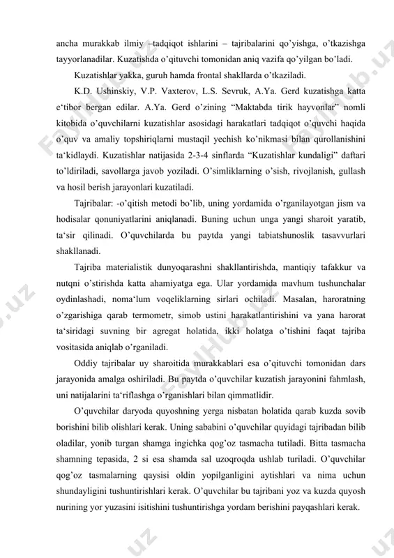 arini ta‘riflashga o’rganishlari bilan qimmatlidir. o’quvchilar daryoda quyoshning yerga nisbatan holatida qarab kuzda sovib borishini bilib olishlari kerak. uning sababini o’quvchilar quyidagi tajribadan bilib oladilar, yonib turgan shamga ingichka qog’oz tasmacha tutiladi. bitta tasmacha shamning tepasida, 2 si esa shamda sal uzoqroqda ushlab turiladi. o’quvchilar qog’oz tasmalarning qaysisi oldin yopilganligini aytishlari va nima uchun shundayligini tushuntirishlari kerak. o’quvchilar bu tajribani yoz va kuzda quyosh nurining yor yuzasini isitishini tushuntirishga yordam berishini payqashlari kerak. tajriba asosida o’quvchilar kuzda quyosh yer ustida kun sayin pasaya borishi to’g’risida xulosa chiqaradilar. uning qiya tushayotgan nurlari yer yuzasiga siyg’anib o’tadi va havoni isitmaydi. shu bois kuzda sovuq tusha boshlaydi. darsni mustahkamlash uchun o’qituvchi va o’zlari o’tkazgan tajribalarni rasmini chizish yoki ta‘riflab yozish, ba‘zan uni ham buni ham ta‘riflab yoziladi. 4-sinfda “ko’p yillik manzarali va piyozli sabzavot o’simliklarni ekish muddatlarining gullash muddati va mo’lligiga ta‘siri” mavzusida tajriba o’tkaziladi. buning uchun mazkur o’simliklarni o’quv-tajriba uchastkasida ekib, o’quvchilar …