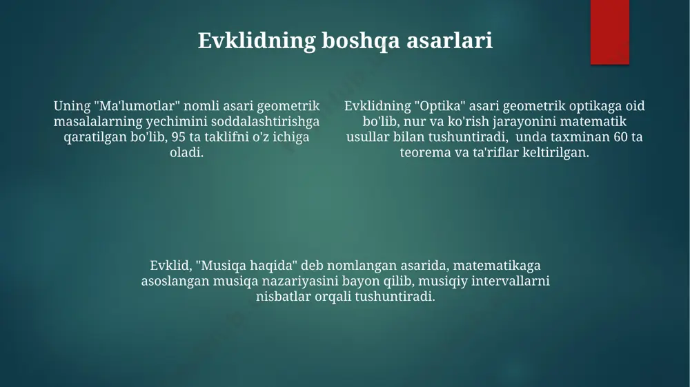 aniq hisoblash imkonini beradi. evklid geometriyasining chegaralari evklid geometriyasi parallellik postulatiga tayanadi, bu esa sferik yoki giperbolik geometriyalar kabi boshqa geometrik tizimlarni chiqarib tashlaydi. uning chegarasi parallel chiziqlarning mavjudligi bilan belgilanadi. evklid geometriyasi faqat tekis yuzalar va uch o'lchovli fazo bilan cheklangan bo'lib, yuqori o'lchovli geometriyalarni o'z ichiga olmaydi, masalan, 4 yoki undan ortiq o'lchovli fazo. evklid geometriyasi faqat evklid fazosida qo'llaniladi va egri chiziqli fazo yoki no-evklid geometriyalari singari boshqa geometrik modellarda ishlamaydi. uning matematik qurilmalari chekli va aniq geometrik shakllarga asoslangan. evklid merosi evklidning matematikaga qo'shgan hissasi uning postulatlari va aksiomalarini aniq ifodalash orqali matematik fikrlashning rivojlanishiga katta ta'sir ko'rsatdi va keyingi matematiklar uchun namunaviy usul bo'ldi. uning "elementlar" asaridagi 13 kitobda geometriyaning aksiomalar va teoremalar orqali sistematik bayoni keltirilgan bo'lib, bu asar evklid geometriyasi deb nomlanuvchi geometrik tizimning asosini tashkil etadi. evklid merosi geometriya, algebra va sonlar nazariyasi kabi matematik sohalariga 2000 yildan ortiq ta'sir ko'rsatgan bo'lib, …