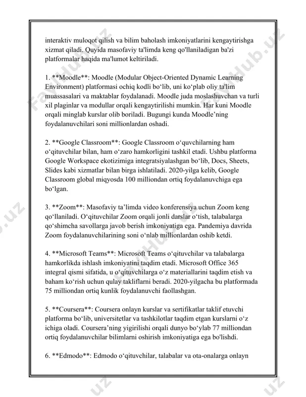 lgan vazifalarga aylantirilishi lozim. masalan, 2020-yilda amerikadagi ta'lim muassasalarining 77% qismi ta'limni onlayn formatga o'tkazishda qiyinchiliklarga duch kelgan, shuning uchun aniq rejalar ishlab chiqish zaruratli hisoblanadi. ikkinchidan, texnik infratuzilmani rivojlantirish muhimdir. unesco ma'lumotlariga ko'ra, jahon bo'ylab 1,5 milliarddan ortiq o'quvchi pandemiya davrida maktablar yopilganda onlayn ta'limga o'tishiga to'g'ri keldi. bu jarayonda internetga ulangan kompyuterlar, planshetlar va smartfonlar kabi qurilmalarga egalik darajasi muhim ahamiyat kasb etadi. 2021-yilda o'zbekistonda aholining 71% internetga ulanish imkoniyatiga ega bo'lgan, lekin bu natijalar hamon takomillashtirilishi kerak. uchinchidan, o'qituvchilarni onlayn ta'lim uchun tayyorlash zaruratlidir. ta'lim jarayonlari uchun kerakli ko'nikmalarga ega bo'lish o'qituvchilar samaradorligini oshiradi. masalan, 2021-yilgi so'rovnoma natijalariga ko'ra, o'zbekistonda o'qituvchilarning faqat 35% qismi onlayn ta'lim uchun yetarlicha tayyorlandi, boshqa davlatlardagi ko'rsatkichlar esa ko'proq edi. shu sababli, o'qituvchilarni raqamli ta'lim resurslari va platformalaridan foydalanishni o'rgatish, ularni malaka oshirish kurslariga jalb qilish lozim. to'rtinchidan, individual ta'lim yondashuvlarini qo'llash kerak. onlayn ta'limda individual o'quv rejalarini tuzish o'quvchilarni yanada samarali …