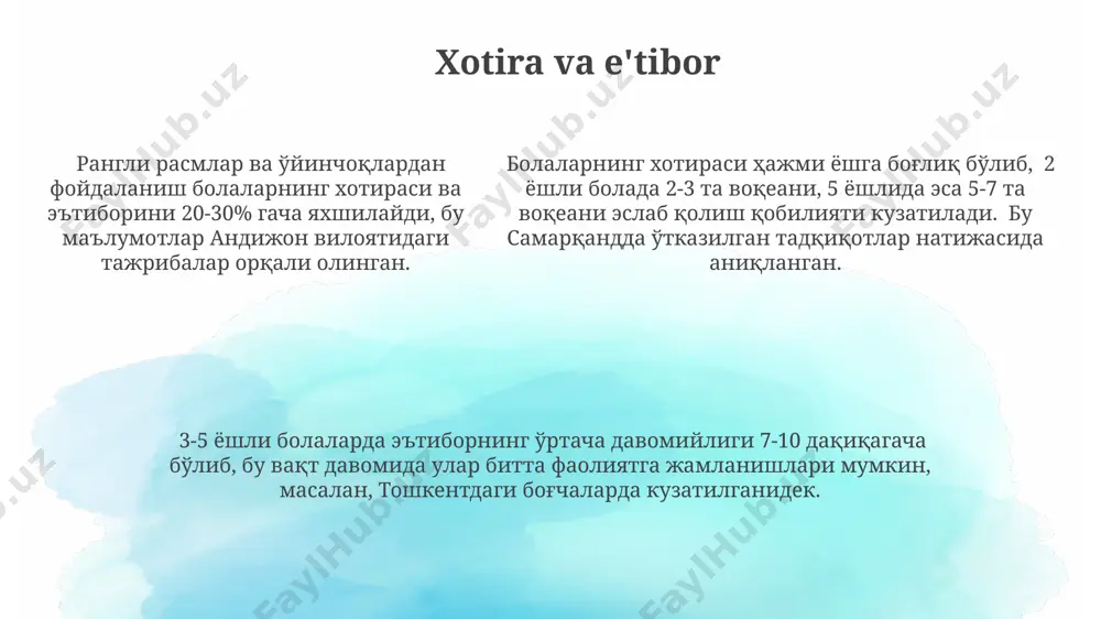 . bolalar 2-3 yoshga to'lganida, ularning lug'ati taxminan 500 so'zga yetadi va oddiy gaplarni tuzishni boshlaydilar, bu esa ularning kognitiv rivojlanishidagi muhim o'zgarishlarni aks ettiradi. piagetning kognitiv rivojlanish nazariyasiga ko'ra, 2-7 yosh oralig'idagi bolalar preoperatsional bosqichda bo'lib, egotsentrizm, animizm va sentrizm kabi xususiyatlarga ega bo'ladilar. masalan, bolaning o'yinchoqlariga jon bag'ishlashi animizmning namunasidir. e'tiboringiz uchun rahmat @taqdimot_robot image1.png