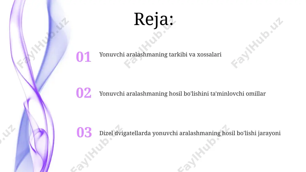 in'yektsiya teshiklari soni va geometriyasi, shuningdek, yoqilgʻining fizik xossalari (masalan, yopishqoqligi) bilan belgilanadi, bu esa germaniyada ishlab chiqarilgan dizel dvigatellarida 15-20% samaradorlik o'sishini ta'minlaydi. yonish boshlanishi va yonish jarayoni dizel dvigatellarda yonishning boshlanishi silindr ichidagi 1500-2000 k haroratga yetganida, yonuvchi aralashmaning o'z-o'zidan alangalashi bilan boshlanadi va bu jarayon juda tez, millisekundlar ichida sodir bo'ladi. yonish tugashi va pistonning pastki o'lik nuqtasiga yaqinlashishi orasida qoldiq gazlarning 5-10% qoladi. bu qoldiqlar keyingi yonish siklida ishtirok etib, dvigatelning ishlashini ta'minlaydi. aralashmaning shakllanishi va xususiyatlari yonuvchi aralashmaning bir jinsliligi va to‘liq yonishi dvigatelning samaradorligi va chiqindi gazlarining tozaligi uchun juda muhimdir. bu xususiyatlarni yaxshilash uchun 30% gacha yonilg‘i tejamkorligi va yaponiyada ishlab chiqarilgan filtrlar yordamida erishiladi. aralashmaning sifat ko‘rsatkichi yonilg‘i-havo nisbatiga (afr) bog‘liq bo‘lib, optimal yonish uchun 14:1 dan 18:1 gacha qiymatlar tavsiya etiladi. bu ko‘rsatkich, masalan, aqshda ishlab chiqarilgan zamonaviy dizel dvigatellarida nazorat qilinadi. e'tiboringiz uchun rahmat @taqdimot_robot image4.jpg image5.jpg image6.jpg image7.jpg image8.jpg …