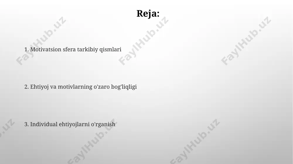 da motivatsion omillar farq qilishi mumkin. individual farqlar ham hisobga olinishi kerak. xersbergning gigiyena va motivatorlar nazariyasi, 1950-yillarda aqshda ishlab chiqilgan bo'lib, ishchilarning 20% motivatorlar (masalan, tan olinish, javobgarlik) bilan, 80% esa gigiyena omillariga (masalan, ish haqi, ish sharoitlari) qarab ishlaydi degan fikrni ilgari suradi. alderferning erg nazariyasi erg nazariyasi, xalqaro miqyosda keng qo‘llaniladigan motivatsiya nazariyalaridan biri bo‘lib, xodimlarni boshqarish va inson resurslarini rejalashtirishda 100 dan ortiq mamlakatlarda o‘zining samaradorligini isbotlagan. nazariya maslou ehtiyojlar ierarxiyasining soddalashtirilgan va moslashuvchan varianti bo‘lib, ehtiyojlarning qat’iy ierarxiyasini rad etadi va inson ehtiyojlarining bir vaqtning o‘zida bir necha darajada namoyon bo‘lishini ta’kidlaydi. maslow ehtiyojlar ierarxiyasi nazariyasi maslow nazariyasi ko'plab psixologlar tomonidan o'rganilib, dunyo bo'ylab 100 dan ortiq ilmiy tadqiqotlar o'tkazilgan bo'lib, ularning ba'zilari nazariyaning chegaralarini va uning madaniy xilma-xillikka bog'liqligini ko'rsatdi. maslow ehtiyojlar ierarxiyasi 5 bosqichdan iborat bo'lib, fiziologik ehtiyojlar (ovqat, suv) bazasini, keyin esa xavfsizlik, ijtimoiy, hurmat va o'z-o'zini anglash ehtiyojlarini o'z ichiga oladi, …