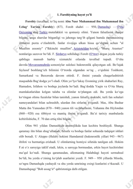 a soʻz", "ritorika haqida kitob", "hajm va miqdor haqida soʻz", "musiqa haqida soʻz", "fizika usullari haqida kitob", "fazilatli xulqlar", "fozil shahar aholisining fikrlari", "jismlar va aksidensiyalarning ibtidosi haqida", "aristotel "metafizika" kitobining maqsadi toʻgʻrisida" va boshqa f. asarlari 20-asrning 70—80-yillarida toshkent va olmaotada "falsafiy risolalar", "mantiqiy risolalar", "matematik risolalar", "ijtimoiyaxloqiy risolalar", "tadqiqotlar va tarjimalar" nomlari ostida rus tilida nashr etilgan. farobiy ilk oʻrta asrda, sharq uygʻonish davrida ijod etdi. bu davr ishlab chiqaruvchi kuchlarning oʻsishi, hunarmandchilik, irrigatsiya inshootlarining yuksalishi, yangi shaharlarning bunyod etilishi, madaniy va maʼnaviy hayotning ravnaq topishi bilan ajralib turadi. 9—10-asrlarda ichki va tashqi savdo kuchaydi, ayniqsa, hindiston, xitoy, vizantiya, afrika mamlakatlari bilan aloqa yoʻlga qoʻyildi. bu davr qaramaqarshilik va adovatlardan xoli emas edi. f.ning falsafiy qarashlarida oʻsha davrning yutuq va kamchiliklari, murakkab va ziddiyatli jihatlari oʻz ifodasini topdi. olimning ilmfan oldidagi xizmatlaridan biri uning yunon mutafakkirlari asarlarini sharxlaganligi va ularni yangi gʻoyalar bilan boyitganligidir. alloma, eng avvalo, arastu …