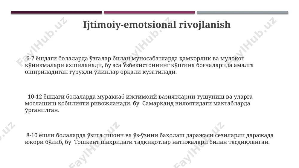 з-ўзига ишончнинг пасайиши 8-9 ёшдаги болаларда, айниқса, ўқиш ва ёзишда қийинчиликларга дуч келганда, ўқитувчининг танқидлари ёки тенгдошларининг босими остида кузатилади, бу 100 нафар болада ўтказилган сўровномада кўриниш топган. ўзбекистоннинг қишлоқ жойларида яшовчи болаларда ўз-ўзига ишонч даражаси шаҳардаги тенгдошларига нисбатан пастроқ бўлиши мумкин, бу ижтимоий-иқтисодий омиллар ва мактабгача таълимнинг етишмаслиги билан боғлиқ бўлиши мумкин. 6-7 ёшдаги болаларнинг ўз-ўзини англашида ўзгаришлар кузатилади, масалан, ўзларининг жисмоний хусусиятларини, қобилиятларини аниқроқ тасаввур қила бошлашади, бу эса тошкент шаҳридаги тадқиқотларда ҳам исботланган. e'tiboringiz uchun rahmat @taqdimot_robot