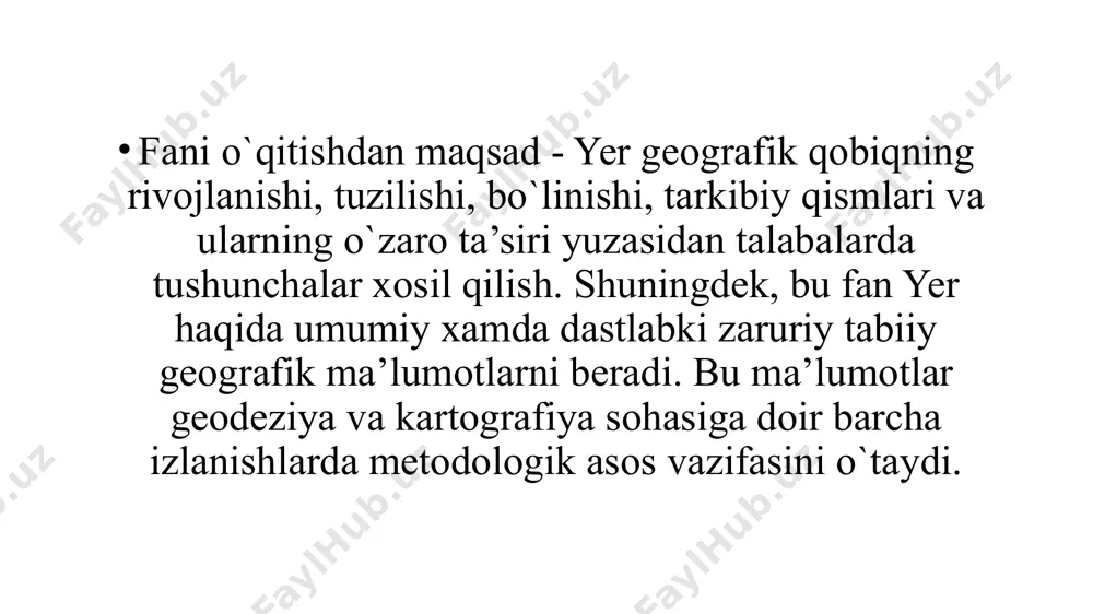 an, ibn battuta, marko polo) tabiat va xalqlar haqida maʼlumotlar to‘plagan. buyuk geografik kashfiyotlar davri. ushbu davrda yevropa xalqlari tabiiy geografiya fanining rivojiga ulkan hissa qo`shishdi. misol qilib, magellan, kolumb, vasko da gama, amerigo vespuchchi, tasman, yanszon va boshqalarni misol qilish mumkin 4. ilmiy geografiya shakllanishi (xviii–xix asrlar) geografiya fan sifatida mustaqil rivojlanadi. k. ritter va a. gumboldt kabi olimlar zamonaviy tabiiy geografiyaning asoschilaridan hisoblanadi. geografik hududlar, landshaftlar, iqlim va tabiat komponentlari tizimli ravishda o‘rganilgan. har xil geografik tarmoqlar (geomorfologiya, iqlimshunoslik, biogeografiya) shakllana boshlagan. 5. xx asr va hozirgi zamon geografiyada kompleks yondashuv va tizimli tadqiqotlar rivojlandi. kosmik suratlar va zamonaviy texnologiyalar (gis – geografik axborot tizimlari) yordamida yerning tabiati o‘rganilmoqda. atrof-muhitni muhofaza qilish, global iqlim o‘zgarishlari, landshaftlarning monitoringi kabi yangi yo‘nalishlar paydo bo‘ldi. agar xohlasangiz, har bir davr olimlari va ularning kashfiyotlari haqida alohida, batafsil ma’lumot ham berib chiqaman. shunaqa qilishni istaysizmi? olam (lotincha: universus) atamasi ostida fizik mavjud …