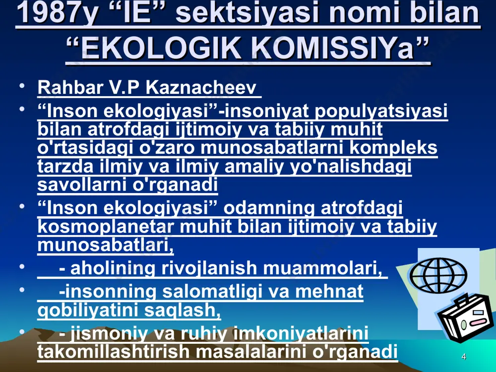 liq kasalliklarning ortishi -genetik kodning buzilish mumkinligi -xavfli o'sma kasalliklarning ko'payishi o'rtacha umr kurish muddati/g ?iskarishi * * iyam ko'plab omillarning uzoq muddatli ta'siri muammosi atrof muhitninig aholi salomatligiga salbiy ta'sirini kamaytirish mikroelementlarning tuproq va suvdagi yod, temir, a vitamin taqchilligining darajasini pasaytirish dasturi oziq-ovqat mahsulotlari sifati va xavfsizligini ta'minlash aholining toza suv manbalaridan keng foydalanishini ta'minlash texnogen xususiyatga ega omillarning suv va havoga ta'siri sanoat korxonalari tomonidan zararli chiqindilar chiqarishiga qarshi qat'iy chora-tadbirlar ko'rish orqali pasaytirish * insonning yashash muhitini kompleks xarakteri insonning yashash mu?iti: -havo muhiti -suv, -tuproq -ovqatlanish sifati -shahar (qishloq) dagi yashash muhiti -shaxsiy ijtimoiy-turmush sharoitlari -mehnat sharoitlari -bolalar va o'smirlarni o‘qitish va tarbiyalash sharoitlari * * zamonaviy tibbiy ekologiyaning yo'nalishlari 1.insonning yashash muhitidagi zamonaviy omillarning alohida, kompleks va qo'shilgan holatdagi ta'sirlarini hisobga olib, gig. me'yorlar va reglamentlarni ishlab chikish (birlamchi profilaktika tadbirlari) 2.insonning yashash muhiti holatini nazorat qilish tizimini takomillashtirish, eng ahamiyatli ekologik ob'ektlarni pasportizatsiya …