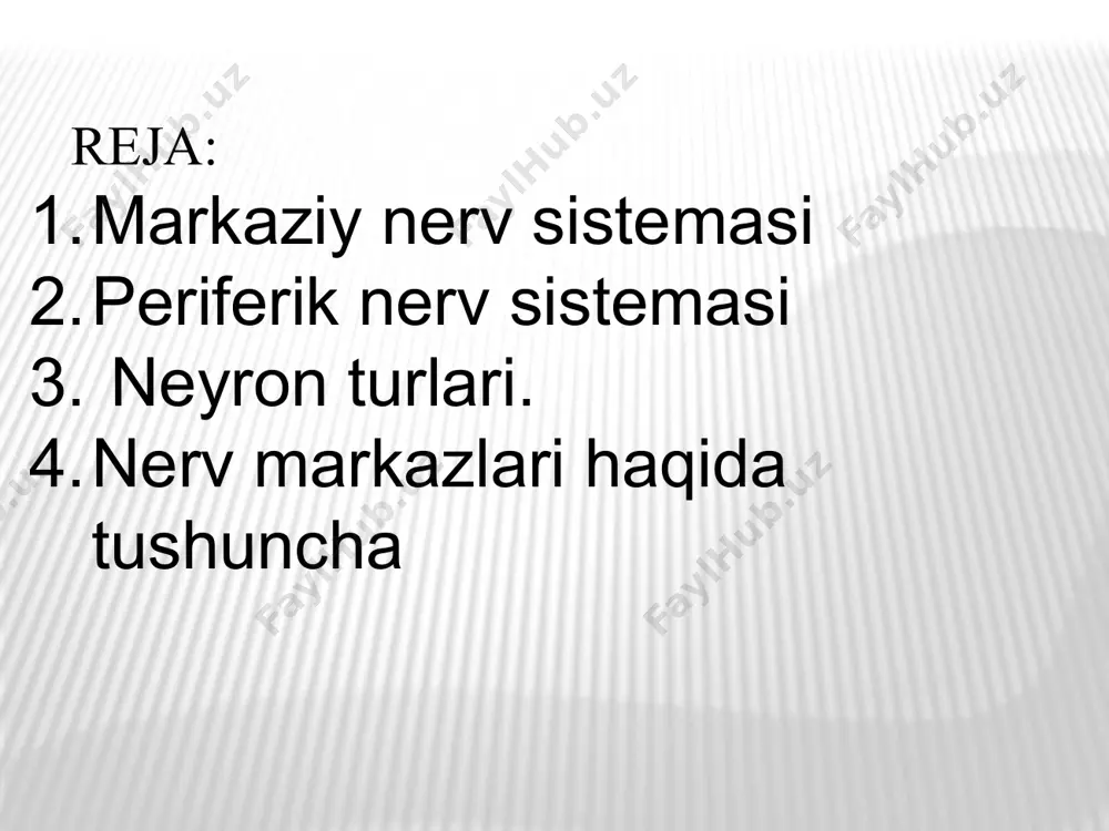 barcha hujayra, to'qima, organlari va sistemalarining ishini boshqarish, tartibga solish hamda ularning bir-biri bilan o'zaro bog'lanishini ta'minlashdan iborat. ikkinchi funksiyasi odamning tashqi muhit va atrofdagi boshqa odamlar bilan bog'lanishini, muomalasini, tashqi muhit sharoitiga moslashllvini ta'minlaydi.pavlov nerv sistemasining bu funksiyasini oliy nerv jaoliyati deb atagan nerv sistemasi markaziy nerv sistemasi periferik nerv sistemasi nerv tizimi organizmdagi hujayra, tо‘qima, a’zo va tizimlar faoliyatini uyg‘unlashtirib hamda birlashtirib, integrativ faoliyatni bajaradi nerv tizimi organizmni tashqi muhit bilan aloqasini va muhit bilan bog‘lanishini, shuningdek muhit о‘zgarishlariga moslashishini ta’minlaydi. nerv tizimi organizmning maqsadga erishishga qaratilgan xulq-atvorini shakllaydi. nerv tizimi trofik faoliyatga ega. bu faoliyat о‘sish, yetilish va modda almashinuvini boshqarishdan iborat. yangi eraning ii-asrida rim vrachi galen nerv tizimi tuzilishini o'rganib odam harakatlarini ixtiyoriy va ixtiyorsiz guruhlarga ajratgan. buyuk fransuz mo’tafakkiri r.dekart birinchi bo'lib, ixtiyorsiz harakatlarning refleks tabiatdaligini aytgan. masalan, u barmoqqa igna sanchilganda sezgi uchlaridan qo‘zg‘alish nervlar orqali miyaga borib, u yerdan nervlar orqali muskullarga …