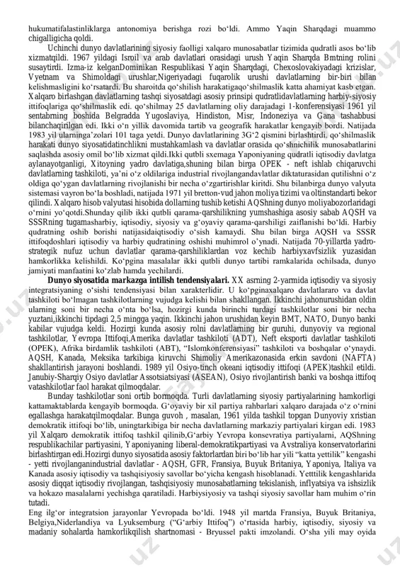 iriktirish va natoning harbiy hujumidan himoyalanish uchun 1955 yil mayida varshavada sssr va sharqiy yevropa sotsialistik davlatlari polshava chexoslovakiya, ruminiya, bolgariya, vengriya, albaniya (1968 yil shartnomani 1 tomonlama denansatsiya qildi) bilan do‘stlik, hamkorlik va o‘zaro yordam haqidagi shartnoma asosida mavjud varshava harbiy pakti dunyo miqyosidagi kuchlar muvozanatini saqlashda muhim rol uynadi. shunday qilib 50-yillar boshlaridagi mafkuraviy siyosiy va harbiy-siyosiy munosabatlar dunyoviy kenglik ikki qarama-qarshi qismga ajratilgan edi. shu bilan birga ikki tizimning har biri o‘zini xalqlarning umid va qiziqishlarini ifodalovchi va himoyalovchi hisoblar, ayniqsa, o‘zining g‘alabasini to‘liq va qarama-qarshi tomonning halokati muqarraligini asoslar edi. o‘z holatining g‘oyaviy asosini ishlab chiqib aqsh o‘zini ozod dunyo himoyachisi deb sssr o‘z navbatida dunyo demokratiya va sotsializm tayanchi deb e’lon qildi. “sovuq urush” qudratli davlatlar orasidagi ishonchsizlik qurollanish poygasining tezlashishi, harbiy bloklar yaratilishi xalqaro munosabatlarda harbiy kuchlarning ishlatilishi, janjalli savollarni kelishuv asosida hal qilishdan bosh tortish va boshqalar bilan ta’riflanadi. sssr va aqsh o‘rtasidagi …