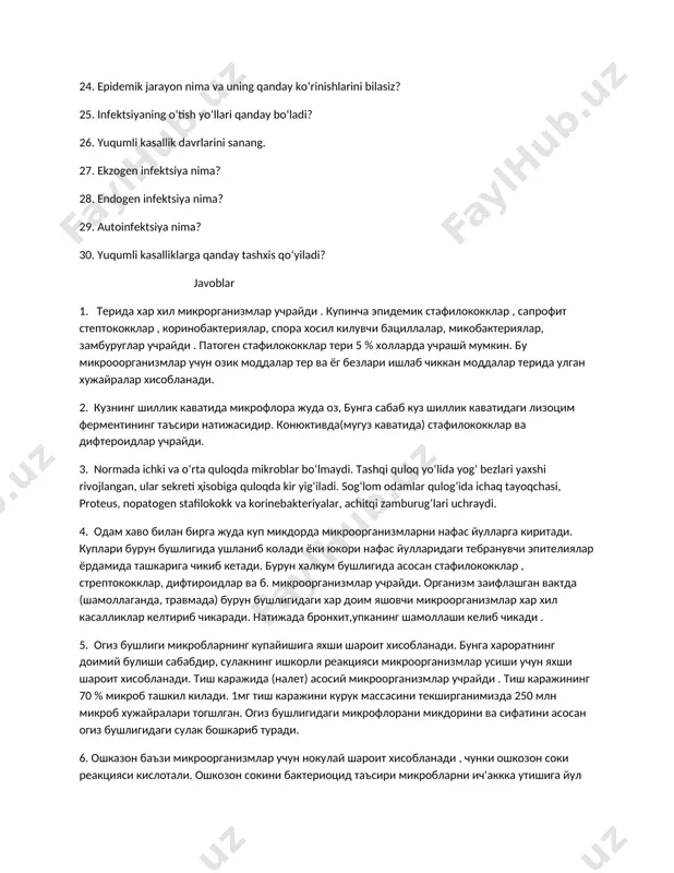 инг шиллик каватида микрофлора жуда оз, бунга сабаб куз шиллик каватидаги лизоцим ферментининг таъсири натижасидир. конюктивда(мугуз каватида) стафилококклар ва дифтероидлар учрайди. 3. nоrmаdа ichki vа o‘rtа qulоqdа mikrоblаr bo‘lmаydi. таshqi qulоq yo‘lidа yog‘ bеzlаri yaхshi rivоjlаngаn, ulаr sеkrеti ҳisоbigа qulоqdа kir yig‘ilаdi. sоg‘lоm оdаmlаr qulоg‘idа ichаq tаyoqchаsi, proteus, nоpаtоgеn stаfilоkоkk vа kоrinеbаktеriyalаr, аchitqi zаmburug‘lаri uchrаydi. 4. одам хаво билан бирга жуда куп микдорда микроорганизмларни нафас йулларга киритади. куплари бурун бушлигида ушланиб колади ёки юкори нафас йулларидаги тебранувчи эпителиялар ёрдамида ташкарига чикиб кетади. бурун халкум бушлигида асосан стафилококклар , стрептококклар, дифтироидлар ва б. микроорганизмлар учрайди. организм заифлашган вактда (шамоллаганда, травмада) бурун бушлигидаги хар доим яшовчи микроорганизмлар хар хил касалликлар келтириб чикаради. натижада бронхит,упканинг шамоллаши келиб чикади . 5. огиз бушлиги микробларнинг купайишига яхши шароит хисобланади. бунга хароратнинг доимий булиши сабабдир, сулакнинг ишкорли реакцияси микроорганизмлар усиши учун яхши шароит хисобланади. тиш каражида (налет) асосий микроорганизмлар учрайди . тиш каражининг 70 % микроб …
