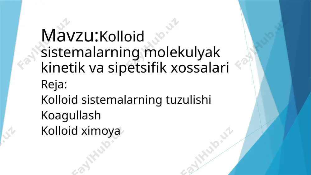 lan , elektrolit va noelektrolit moddalar qo’shish bilan mexanik ta’sir bilan masalan qattiq chayqatish va aralashtirish, qattiq sovutish yoki isitish bilan, elektr toki uzatish va yorug’lik nuri ta’sirida koagullanish bosag’asi deb ochiq koagullanish chaqirish uchun 1 l kolloid eritmaga qo’shish zarur bo’lgan elektrolitning mollardagi miqdoriga aytiladi shulse gardi qoidasi shulse gardi qoidasi quyidagicha tariflanadi: ionlarning koagullanish qobilyati ularning zaryadlari bo’yicha quydagi geometric progretsiyada ortadi. 6 6 6 1 : 2 : 3 : 4 …. kolloidlarni ximoyalash.kolloid zarrachalarning elektrolitlar ta’siridagi koagullanishiga bo’lgan barqarorligini sfm yordamida oshirish “ kolloid himoya” deb ataladi.” kolloid ximoyanina” miqdoriy belgisi sifatida zolni “ ximoyalsh soni” tushunchasi kiritilgan bo’lib, oltin zoli uchun “ oltin son”, temir zoli uchun “temir son” , kumush zoli uchun “ kumush son” va hokozo deyiladi. e’riboeingiz uchun raxmat image1.jpg /docprops/thumbnail.jpeg