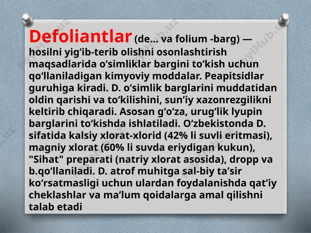 karbamid, ammiakli va kalsiyli selitralar bilan aralashtirilgan holda defoliant sifatida qo’llaniladi. turli tuproq va iqlim o’aroitlarida o’tkazilgan agrokimyoviy srinovlardan olingan natijalar shuni ko’rsatadiki, udm preparatlarining faolligi va samaradorligi individual xloratlarnikidan yuqori ekanligi isbotlandi. g’o’zaning barglari yoppasiga to’kiladi, defoliantning “yumshoq” ta’siri natijasida g’o’zadagi ko’saklarda kuyish alomatlari ko’rinmaydi yillar davomida o’tkazilgan tajribalar natijasida g’o’zaga xloratlarning faol ta’sir etish meyori o’rta tolalilar uchun (ta’sir etuvchi modda hisobida) natriy xlorat 5-10 kg/ga magniy xlorat 8-13 kg/ga kalsiy xlorat-xlorid 12-22 kg/ga xloratlar qo’llanilganda barglarni to’kilishi bo’yicha samaradorlik 75-85 % atrofida bo’ladi. xloratlar sinfiga mansub defoliantlarning faolligi havo haroratiga kam darajada bog’liq bo’lib, bu xususiyat ularni boshqa sinfga oid defoliantlardan afzalligini ko’rsatadi. xloratlar turkumidagi defoliantlarning qo’llashda optimal sutkalik harorat +17-18ºs ni tashkil etadi hamidova qutlinigor mg mg mg mg mg ca ca ca ca ca mg image3.jpeg image4.png image5.png image6.jpeg image7.jpeg image8.jpeg image9.jpeg image10.jpeg image11.jpeg image12.jpeg image13.jpeg /docprops/thumbnail.jpeg
