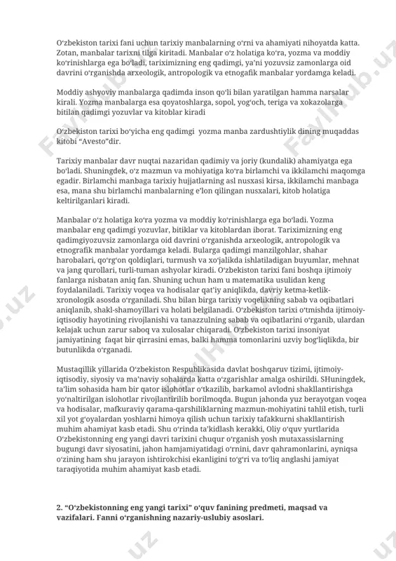 oid dastur, darslik, va o‘quv qo‘llanmalari sovet tuzumi davrining soxta, to‘qima materiallaridan butunlay holi qilindi. ularda o‘zbekiston tarixi shartli ravishda eng muhim davrlarga, o‘zbek davlatchiligi tarixiy davrlariga, xususan, dastlabki davlatlar (qadimgi davrlardan ix asrgacha), ix-xii asrlarda o‘zbek davlatchiligi, amir temur va temuriylar davrida o‘zbek davlatchiligi. amir temur va temuriylar davrida o‘zbek davlatchiligi, o‘rta osiyo hududlarining xonliklarga bo‘linib ketishi, uning sabablari va oqibatlari, rossiya imperiyasining turkistonda yuritgan mustamlakachilik siyosati, sovetlar davri siyosati va mustaqil o‘zbekiston davlati tarixiy davrlariga bo‘lindi. o‘zbekiston tarixi fani uchun tarixiy manbalarning o‘rni va ahamiyati nihoyatda katta. zotan, manbalar tarixni tilga kiritadi. manbalar o‘z holatiga ko‘ra, yozma va moddiy ko‘rinishlarga ega bo‘ladi, tariximizning eng qadimgi, ya’ni yozuvsiz zamonlarga oid davrini o‘rganishda arxeologik, antropologik va etnogafik manbalar yordamga keladi. moddiy ashyoviy manbalarga qadimda inson qo‘li bilan yaratilgan hamma narsalar kirali. yozma manbalarga esa qoyatoshlarga, sopol, yog‘och, teriga va xokazolarga bitilan qadimgi yozuvlar va kitoblar kiradi o‘zbekiston tarixi bo‘yicha eng …