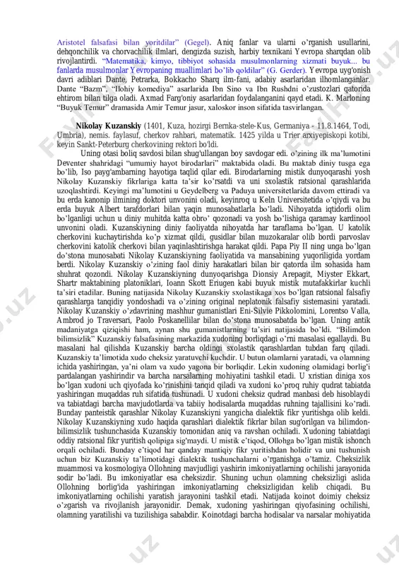 14–16-a.lar)ga nisbatan qo’llanilgan, uni o’rta asrchilik turg'unligidan yangi davrga o’tish bosqichi deb baholaganlar. renessansning asosiy alomatlari: tafakkurda va ilmu ijodda dogmatizm, jaholat va mutaassiblikni yorib o’tib, insonni ulug'lash, uning iste’dodi, aqliy-fikriy imkoniyatlarini yuzaga chiqarish; antik davr (yunon-rum) madaniyatiga qaytib, uni tiklash, boyitish; cherkov sxolastikasidan qutulib, adabiyot va san’atda dunyoviy go’zallik, hayot taronalarini qizg'in kuylash; inson erki, hurfikrlilik uchun kurashish. buning natijasi o’laroq, ijodiy qudrat va tafakkur kuchini namoyish etadigan ulug'vor badiiy asarlar, salobatli binolar yaratildi, ilm-fan rivojlandi. italiyada shoir petrarka va dante, rassom jotto, adib va mutafakkirlar bokkachcho, ariosto, tasso, byome renessans g'oyalarining jarchilari bo’lib maydonga chiqdilar. keyinchalik mikelanjelo, rafael, shekspir, servantes yevropaning turli mamlakatlarida buni davom ettirdilar. ammo renessans, ya’ni uyg'onish faqat yevropa hodisasi emas. dunyo madaniyatini yaxlit olib o’rgangan olimlarning ishlari shuni ko’rsatdiki, osiyo markazida joylashgan movarounnaxr, xuroson va eronda italiyaga qaraganda bir necha asr oldin (9– 12-a.lar) ulkan madaniy ko’tarilish yuz bergan, ilm-fan, falsafa, adabiyot kuchli rivojlanib, …