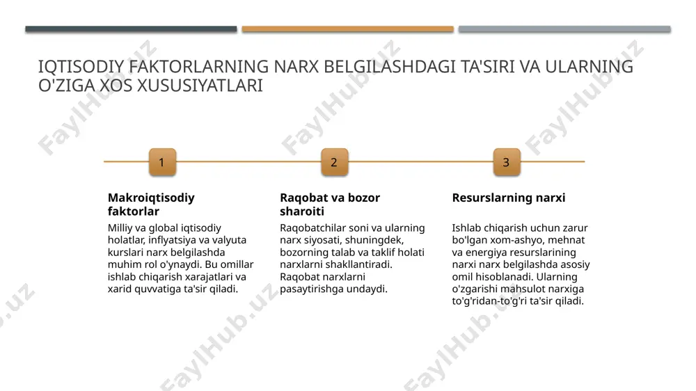strategiya - bozor sharoitlarini chuqur tahlil qilish orqali kompaniyalar raqobatchilar narxlarining o‘zgarishini oldindan ko‘ra oladi va mos strategiyalarni ishlab chiqadi. iste'molchilar xulq-atvorining narx tanlovlariga ta'siri va bozor tendensiyalari 1 iste'molchilar xulq-atvori va narx iste'molchilar narxlarni tanlashi buyurtma ehtiyojlari, byudjet va o'ziga xos xulq-atvorlariga asoslanadi, bu narx siyosatiga ta'sir qiladi. 2 bozor tendensiyalari va xulq bozor tendensiyalari, yangi mahsulotlar va modalar, iste'molchilarning xarid qilish odatlarini shakllantiradi, bu esa narx strategiyasini yangilashga undaydi. 3 narx va sifat munosabati iste'molchilar narx va sifat o'rtasidagi muvozanatni baholaydi; yuqori sifat uchun ko'proq to'lashga tayyor bo'lishi mumkin, bu narx belgilashga ta'sir qiladi. 4 ijtimoiy va madaniy omillar ijtimoiy guruhlar, madaniyat va an'analarga asoslangan xarid qilish odatlari, narx sezgirligini va bozor tendensiyalarini shakllantiradi. o'zbekiston bozorida narx belgilashda iqtisodiy va madaniy faktorlarning o'rni iqtisodiy faktorlar o'zbekiston iqtisodiyoti narx belgilashda asosiy rol o'ynaydi. inflatsiya, valyuta kursi va soliqlar narxlarni ta'sir qilib, ishlab chiqarish xarajatlarini oshiradi yoki kamaytiradi. madaniy ta'sirlar …