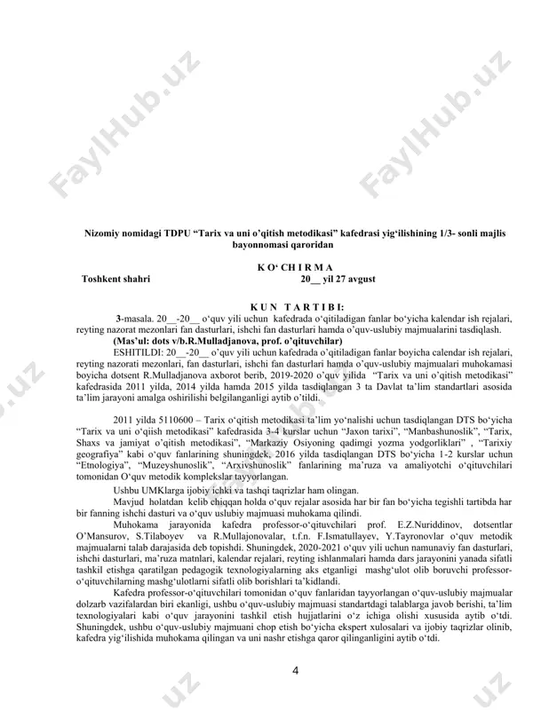ti p.f.n. r.a.mulladjanova tomonidan “tarixiy o’lkashunoslik va turizm” fanidan tayyorlangan o‘quv-uslubiy majmua nashrga tavsiya etilsin. 2. ushbu qarorni qo‘llab-quvvatlash universitet o‘quv-uslubiy kengashidan so‘ralsin. tarix fakulteti ilmiy kengashi raisi, t.f.d. prof l.m.babaxodjayeva o'zbekiston respublikasi oliy va o'rta maxsus ta’lim vazirligi nizomiy nomidagi toshkent davlat pedagogika universiteti “tasdiqlayman” o‘quv ishlari bo‘yicha prorektor ____________n.x.raxmankulova 202 yil «___» _______________ tarixiy geografiya fanining ishchi o‘quv dasturi (ii-kurs uchun) № mаshg‘ulоt turi аjrаtilgаn sоаt sеmеstr iv 1 nazariy mashg‘ulot 38 50 2 amaliy (seminar) mashg‘ulot 60 60 3 mustаqil ta’lim 79 79 4 umumiy soati 167 167 - toshkent – 202__ y. fanning ishchi o‘quv dasturi o‘zbekiston respublikasi oliy va o’rta maxsus ta’lim vazirligi 202_ yil “______”____________dagi ____ - sonli buyrug‘i bilan (buyruqning ______ - ilovasi) tasdiqlangan “tarixiy geografiya” fani dasturi asosida tayyorlangan. tuzuvchilar: r.a.mulladjanova – “tarixi va uni o’qitish metodikasi” kafedrasi dotsenti, p.f.n. taqrizchilar: f. shamukaramova - o’zrfa, tarix instituti, tarix fanlari nomzodi r.tursunov - …