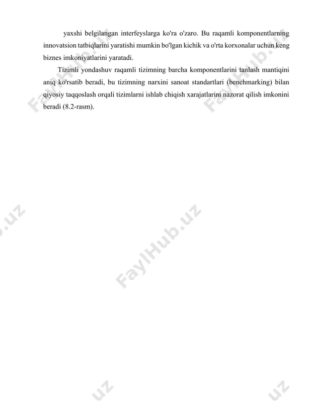 tarqaladi. ko'pgina vakolatlarni to'ldirish ma'lum bir vaqtda vakolat markazi tomonidan bajariladigan vazifalar ro'yxatiga bog'liq. ushbu markazning vazifasi raqamli mamlakat qurilishiga arxitektura yo‘nalishini yo‘naltirish, milliy va jahon miqyosida talab qilinadigan raqamli yechimlarni yaratish, xavflarni kamaytirish va pulni tejashdan iborat. ushbu markazning mas'uliyat sohasi butun mamlakat (turli vazirliklar, idoralar, jamoat tashkilotlari va tijorat tuzilmalari) tomonidan amalga oshiriladigan raqamli mamlakat qurilishini arxitektura va texnik jihatdan muvofiqlashtirishdir. ushbu markazning asosiy vazifalari raqamli mamlakatni qurish uchun arxitekturalar, vositalar, texnologiyalar, metodologiyalar, loyihalar va yechimlarni ishlab chiqish, amalga oshirish, nazorat qilish, tarqatish va kengaytirishdan iborat. nima uchun bu markaz majburiy? chunki u eng murakkab va talab qilinadigan vazifalarni bajaradi. ma'lumki: 1) "loyihalarning 70 foizi kutilgan natijaga olib kelmadi", ya'ni loyihani boshqarish zarur, ammo etarli emas; 2) "arxitektura va risklarni boshqarish bo'yicha sa'y-harakatlarning kuchayishi dasturiy ta'minot tizimlarining sifati va loyihalar muvaffaqiyatiga ijobiy ta'sir ko'rsatadi." 8.5. raqamli mamlakat qurilishini tashkil etish raqamli mamlakatni barpo etish – bu butun mamlakatni …