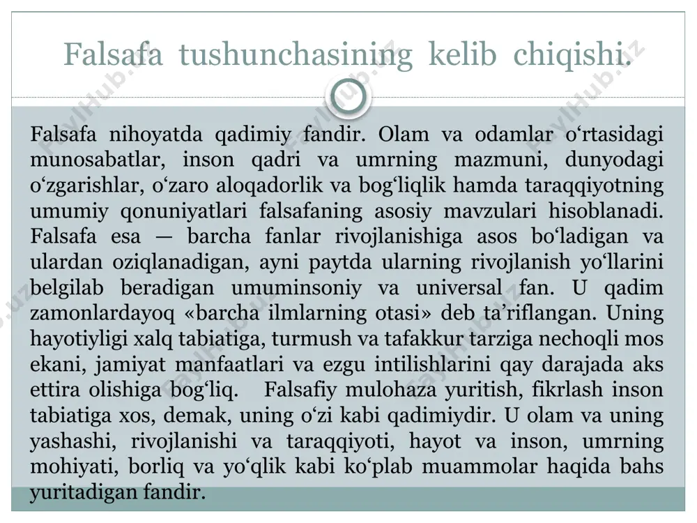 a. shu tufayli ham falsafa predmetini faqat o‘ta abstrakt tushunchalar yordamida belgilash mumkin. suu ma’noda «dunyo – inson» munosabatlari tizimidagi umumiylik falsafaning predmeti hisoblanadi, degan fikr mazkur talablarga javob beradi. qadimgi yunonistonda «filosofiya» atamasini dastlab, matematika fani orqali barchamizga yaxshi mahlum bo‘lgan, buyuk alloma pifagor ishlatgan. evropa madaniyatiga esa, u buyuk yunon faylasufi aflotun asarlari orqali kirib kelgan. shu tariqa, u avvalo, qadimgi yunonistonda alohida bilim sohasiga, tug‘rirog‘i, «fanlarning otasi», yahni asosiy fanga aylangan. falsafaning asosiy funksiyalari dunyoqarashni shakllantirish gnoseologik metodologik integrativ madaniy aksiologik axloqiy «filosofiya» atamasi va u ifoda etadigan bilimlar majmui qadimgi yunoniston va rimda eramizdan avvalgi vii-iii asrlarda yuz bergan buyuk yuksalish natijasi sifatida yuzaga kelgan edi. o‘sha davrda endigina shakllanib kelayotgan nazariy fikrning ifodasi falsafiy tafakkur olamni yaxlit va bir butun holda tushunish mujassamiga aylangan edi. qadimgi yunonistonda «filosofiya» atamasini dastlab, matematika fani orqali barchamizga yaxshi ma’lum bo‘lgan, buyuk alloma pifagor ishlatgan. insonda bilishga qiziqish uyg’otadigan, …