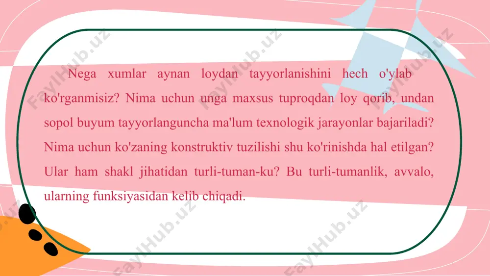 ratgan, boshqa kitob va jumallarda ko'rgan amaliy san'at buyumlarning tuzilishini eslang. siz ularga qanday qo'shimcha kiritishingiz mumkinligi haqida fikr yuriting. so'ng amaliy ishga kirishishingiz mumkin. 35-a rasm. oftoba. qo'qon. 1976-yil. 35-b rasm. oftoba. samarqand. xvii-asr oxiri. yaratilajak buyumning shaklini yaxshilab o'ylab ko'ring va uning variantlarini qog'ozda tasvirlab oling, misol uchun, guidon vazifasini o'taydigan vazaning shaklini hal etishda uni qanday gullarga mo'ljallanganligi hisobga olinadi. agar u 3 - 5 ta chinnigulni solib qo'yish uchun mo'ljallangan bo'lsa, uning shakli chinnigulga mos tarzda, yuqori qismi cho'ziq, og'zi ingichka bo'lgani maqsadga muvofiq. shundagina u chinnigul bilan yaxlit joziba kasb etadi. aksincha, poyasi kalta, tarqoq holdagi gullar uchun yapaloqsimon ko'rinish mos keladi. ikkinchi guruh o'quvchilari quyi sinflarda o'rgangan naqsh kompozitsiyalaridan ijodiy foydalangan holda quticha uchun naqsh kompozitsiyasini ishlashi mumkin. topshiriqning mohiyati, yo'nalishi bo'yicha ustozingizning ko'rsatmalariga amal qilasiz. har ikkala variantdagi topshiriqlarni mustaqil ravishda davom ettirasiz, ya'ni ko`za qurigach, uning sirtiga akvarel, guash va tempera bo'yoqlarida …