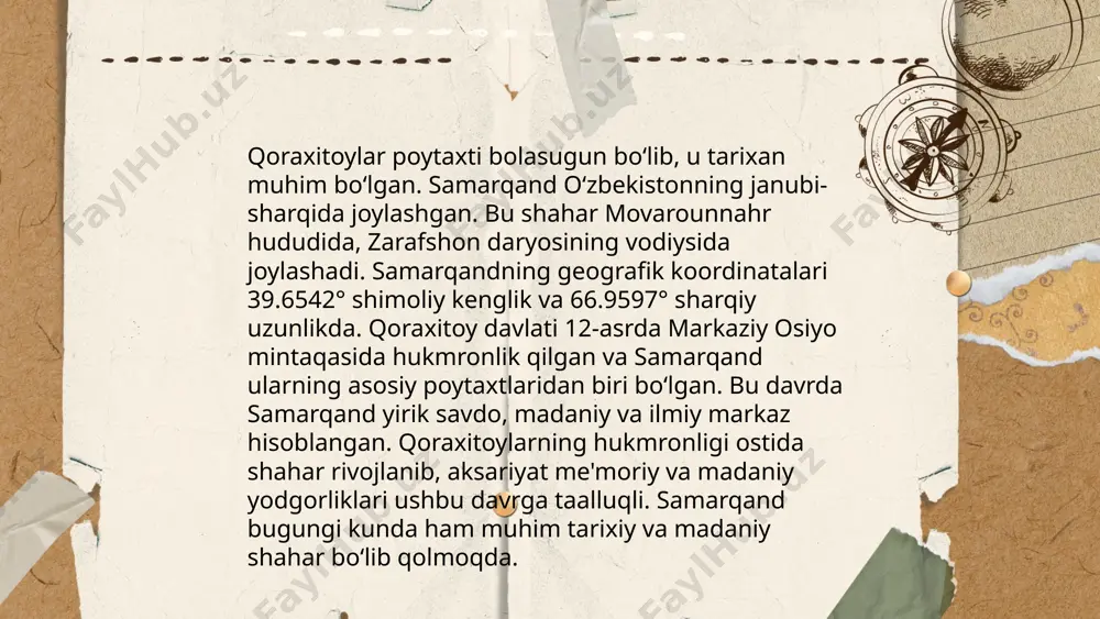 izdan avvalgi v asrda hozirgi mongoliya, shimoliy xitoy va markaziy osiyo hududlarida yashagan. ularning asosiy qo'shnilari xunnu va uysun qabilalari bo'lib, bu xalqlar bilan turli vaqtlarda ittifoq yoki dushmanlik munosabatlarida bo'lishgan. qoraxitoylar juda kuchli harbiy qo'shinga ega bo'lib, bu ularga muntazam ravishda hududlar zabt etish imkonini bergan. ularning davlatlari o'rta asrlarga qadar davom etib, keyinchalik turli sabablarga ko'ra tarqalib ketgan. ular ipak yo'li orqali savdo-sotiqni rivojlantirgan. qoraxitoylar sulolasi abralov abdurashid e'tiboringiz uchun raxmat! image1.png image2.png image3.png image4.jfif image5.png image6.jfif image7.jfif image8.jfif /docprops/thumbnail.jpeg