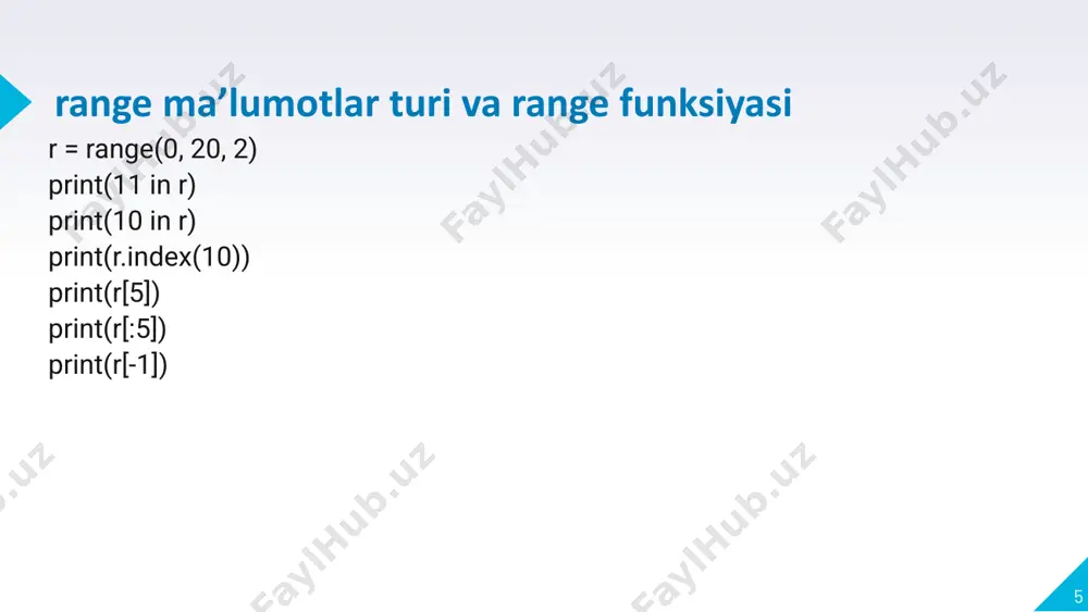 gan bo'sh ro'yxat yaratib oldik. keyin esa while tsikli yordamida foydalanuvchidan ro'yxatga ism qo'shishni so'raymiz. so'ngra foydalanuvchidan yana ism qo'shmoqchi yoki yo'q ekanin so'raymiz va foydalanuvchining javobiga ko'ra yoki while ni boshiga qaytamiz, yoki tsiklni to'xtatamiz. 29 while operatori va ro’yxatlar ismlar = [] print("yaqin do'stlaringiz ro'yxatini tuzamiz.") n=1 # ismlarni sanash uchun o'zgaruvchi while true: savol = f"{n}-do'stingiz ismini kiriting:" ism = input(savol) ismlar.append(ism) javob = input("yana ism qo'shasizmi? (ha/yo'q)") if javob =='ha': n+=1 continue else: break 30 while operatori va ro’yxatlar print("do'stlaringiz ro'yxati:") for ism in ismlar: print(ism.title()) 31 while operatori va ro’yxatlar ro'yxat elementlarini o'chirish avvalgi darslarimizning birida ro'yxat elementini o'chirish uchun .remove(qiymat) metodi bilan tanishgan edik. esingizda bo'lsa, bu metod ro'yxatdan eng birinchi uchragan qiymatni o'chiradi. agar ro'yxatimizda ma'lum bir qiymat bir necha bor takrorlangan bo'lsa, ularning barchasini o'chirib tashlash uchun while tsiklidan foydalanishmiz mumkin. cars = ['lacetti','nexia','toyota','nexia','audi','malibu','nexia'] while 'nexia' in cars: # toki nexia cars …