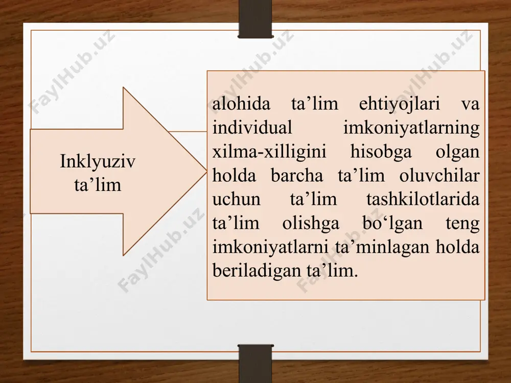 lar muammolariga nisbatan bag’rikenglik munosabatlarini shakllantirish; ta’lim jarayonida sog’lom bolalar bilan bir qatorda alohida ta’lim ehtiyoji bo’lgan bolalarning aqliy va ijtimoiy salohiyatlarini rivojlantirish; barcha o’quvchilar uchun davlat ta’lim standartlariga muvofiq maktabgacha, umumiy o’rta, kasb-hunar va oliy ta’lim dasturlarini o’zlashtirish uchun imkoniyat yaratish; o’quvchilarning har tomonlama rivojlanishi, emotsional-irodaviy sohasi, bilish faoliyatini faollashtirish, ijtimoiy ko’nikma va salohiyatini shakllantirish uchun shart-sharoitlar yaratish; alohida ta’lim ehtiyojlari bo’lgan bolalarni tarbiyalayotgan oilalarga maslahat yordami berish hamda ota-onalarni farzandlariga ta’lim-tarbiya berish, pedagogik texnologiyalar, ta’lim-tarbiya metod va vositalarini qo’llash sohasida xabardorlik darajasini oshirish, ularni psixologik-pedagogik jihatdan qo’llab-quvvatlash; inklyuziv ta’lim - inklyuziv ta’lim sinfi – maktabdagi alohida ta’lim ehtiyojlari bo‘lgan bolalarning boshqa (sog‘lom) bolalar bilan teng huquqli va birgalikdagi ta’lim olishlari shaklida tashkil etilgan sinf. boshlang‘ich tayanch korreksion sinfi — maktabda alohida ta’lim ehtiyojlari bo‘lgan bolalar uchun alohida tashkil etiladigan boshlang‘ich sinf. o‘quvchilar — inklyuziv ta’lim va boshlang‘ich tayanch korreksion sinflarda tahsil olayotgan sog‘lom yoki alohida ta’lim ehtiyojlari bo‘lgan …