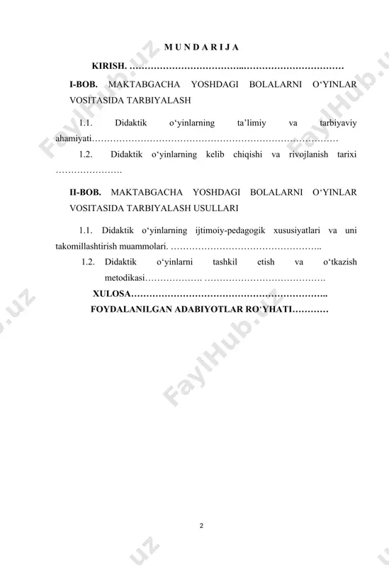 rishni takomillashtirish chora-tadbirlari to‘g‘risidagi qarorida maktabgacha ta’lim tizimini yaxlit uzluksiz ta’lim tizimining muhim bo‘g‘ini sifatida yanada takomillashtirish, maktabgacha ta’lim muassasalari tarmog‘ini kengaytirish hamda moddiy-texnika bazasini mustahkamlash, ularni malakali pedagog kadrlar bilan ta’minlash, bolalarni har tomonlama intellektual, ma’naviy-estetik va jismoniy rivojlantiruvchi zamonaviy ta’lim dasturlari va texnologiyalarini ta’lim-tarbiya jarayoniga joriy etish, ularning maktabga tayyorgarlik darajasini tubdan oshirish masalalari nazarda tutilgan. shu o’rinda respublikamizda bolalarni jismoniy tarbiyalashning ilmiy asoslangan zamonaviy tizimlari, shakl va uslublari joriy etilgan bo’lib, bu sohada muhim vazifalar belgilab berilgan. organizmga har tomonlama tanlab ta’sir ko‘rsatuvchi mashqlarning turlitumanligi maktabgachabolalarining yosh o‘zgarishiga, sog‘ligiga va jismoniy tayyorgarligiga, rivojlanishiga, jinsiga qarab tuzilmog‘i kerak. maktabgachayoshidagi bolalarning har tomonlama rivojlanishiga e’tibor berarkanmiz, albatta, ularning harakatlariga, ya’ni oddiy yurish, yugurish o‘tirish, uloqtirish, tepish, sakrash, tirmashish kabi harakat malakalarini xisobga olish kerak. ushbu mavzu shu jihatlari bilan ham dolzarb hisoblanadi. kurs ishining maqsadi: maktabgacha yoshdagi bolalarni o‘yinlar vositasida tarbiyalash usullarini aniqlash va shu bo‘yicha uslubiy qo‘llanma ishlab …