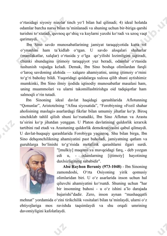 balki shahar, hattoki davlat miqyosidagi daromad va xarajatlar balansi haqidagi fikrlari alohida qiziqish uyg‘otadi. uning fikricha, tabiiy ofatlar yoki urush holatlarida zahiralarni shakllantirish uchun mablag‘ ajratishni hisobga olgan holda daromadlar va xarajatlar muvozanatiga erishish kerak. ibn sinoning ideal davlat haqidagi qarashlari quyidagi xususiyatlar bilan tavsiflanadi: 1) har kim o‘z manfaati uchun mehnat qilishga majbur; 2) bu davlatdagi barcha moddiy boyliklar teng taqsimlanishi kerak, shunday qilib, o‘ta boylik va dahshatli qashshoqlik bo‘lmasligi kerak; 3) hamma odamlar halol mehnat va halol savdo-sotiq bilan shug‘ullanar ekan, o‘shanda urushish uchun sabab bo‘lmaydi, urushlar yo‘qoladi, davlatlar o‘rtasidagi siyosiy nizolar tinch yo‘l bilan hal qilinadi; 4) ideal holatda odamlar barcha narsa bilan ta’minlanadi va shuning uchun bir-biriga qarshi turishni to‘xtatadi, quvnoq qo‘shiq va kuylarni yaxshi ko‘radi va uzoq vaqt qarimaydi. ibn sino savdo munosabatlarining jamiyat taraqqiyotida katta rol o‘ynashini ham ta’kidlab o‘tgan. u savdo aloqalari shaharlar (mamlakatlar, xalqlar) o‘rtasida y o‘lga qo‘yilishi lozimligini uqtiradi, chunki shundagina …