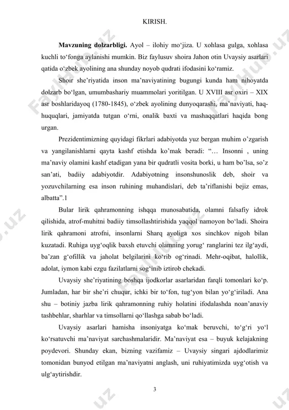 ik. bu esa ishimizning yangiligini о‘ziga xos yangiligidir. bitiruv malakaviy ishining ilmiy-amaliy ahamiyati. mazkur bitiruv malakaviy ishdan maktab, litsey, kollej o‘qituvchilari o‘zbek mumtoz adabiyotidan ma’ruzalar, referatlar yozishda bemalol foydalanishlari mumkin. bitiruv malakaviy ishning obekti. bu mazkur bitiruv malakaviy ishni yozishda muqimiyning “asarlar to‘plami” hamda g‘.karimovning muqimiy hayoti va ijodiga doir tadqiqotlaridan foydalandik i bob. kichik janrlar takomilida shoira mahorati i. 1. uvaysiy ijodida fard janri. о‘zbek mumtoz adabiyotida jahon otin uvaysiy ijodi о‘ziga xosliklari bilan ajralib turadi. u nafaqat mazmun, ma’no va badiiy san’atkorlik nuqtai nazaridan, balki janrlar takomilida ham takrorlanmas iqtidorini namoyish eta olgan. xususan, mumtoz she’riyatidagi kichik janrlarda yaratgan asarlar bunga dalil bо‘la oladi. fard – adabiyotdagi eng kichik janr. u arabcha “yakka”, “yolg‘iz” degan ma’noni anglatadi. adabiy istiloh siqatida esa birgina baytdan iborat mustaqil asar demakdir. unda kuchli mantiqqa ega bо‘lgan hikmatomuz fikr ifodalanishi shart. chunki, “... о‘tmishdagi qalamkashlar fardlar yaratishni bir san’at, san’atkorlik ishi, ma’nolar xazinasidan …