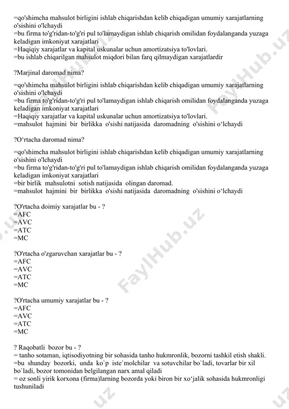 atlarning o'sishini o'lchaydi =bu firma to'g'ridan-to'g'ri pul to'lamaydigan ishlab chiqarish omilidan foydalanganda yuzaga keladigan imkoniyat xarajatlari =haqiqiy xarajatlar va kapital uskunalar uchun amortizatsiya to'lovlari. =bu ishlab chiqarilgan mahsulot miqdori bilan farq qilmaydigan xarajatlardir ?marjinal daromad nima? =qo'shimcha mahsulot birligini ishlab chiqarishdan kelib chiqadigan umumiy xarajatlarning o'sishini o'lchaydi =bu firma to'g'ridan-to'g'ri pul to'lamaydigan ishlab chiqarish omilidan foydalanganda yuzaga keladigan imkoniyat xarajatlari =haqiqiy xarajatlar va kapital uskunalar uchun amortizatsiya to'lovlari. =mahsulot hajmini bir birlikka o'sishi natijasida daromadning o'sishini o‘lchaydi ?o‘rtacha daromad nima? =qo'shimcha mahsulot birligini ishlab chiqarishdan kelib chiqadigan umumiy xarajatlarning o'sishini o'lchaydi =bu firma to'g'ridan-to'g'ri pul to'lamaydigan ishlab chiqarish omilidan foydalanganda yuzaga keladigan imkoniyat xarajatlari =bir birlik mahsulotni sotish natijasida olingan daromad. =mahsulot hajmini bir birlikka o'sishi natijasida daromadning o'sishini o‘lchaydi ?o'rtacha doimiy xarajatlar bu - ? =afc =avc =atc =mc ?o'rtacha o'zgaruvchan xarajatlar bu - ? =afc =avc =atc =mc ?o'rtacha umumiy xarajatlar bu - ? =afc =avc =atc =mc …