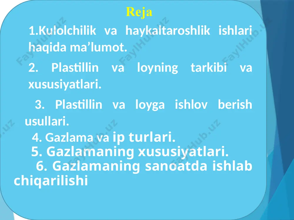 ulay bo’lib, ayrim xususiyatlariga ko’ra, bir-biridan ajralib turadi. masalan plastilin rang-barangligi va doimo ishga tayyor holda ekanligi bilan ajralib turadi. lekin asosiy kamchilik shundaki, plastilin issiqda tez erib ketadi va o’zining qayishqoqlik xususiyatini yo’qotadi. bundan tashqari plastilindan ishlangan haykalchalarni ochiq joyda saqlash juda qiyin. undan asosan kichik modellarni yasashda foydalaniladi. u sun’iy plastik massa bo’lib, loydan hech qachon qurimasligi bilan farqlanadi. plastilin har-xil oddiy va murakkab turlari bo’lib, tayyorlash retseptlari bor plastillin bilan ishlashda ayrim qonun-qoidalarga rioya qilishga to’g’ri keladi. plastilin sovuq bo’lganda ancha qattiqlashib qoladi. ish boshlashdan oldin esa uni bir oz yumshatish kerak bo’ladi. buning uchun plastilin solingan quticha mashg’ulot boshlanishidan oldinroq issiqlik manbaiga yaqinroq joyga qo’yiladi yoki salgina namlangan qo’lning kaftida tutib turiladi. natijada plastilin yumshab, ishga tayyor bo’ladi. plastilinni qo’lda uzoq vaqt ushlab turish yaramaydi. chunki plastilin haddan tashqari yumshab, yopishqoq bo’lib qoladi. birinchi variant – toza quyuq loyga glitserin qo’shib bir turli massa hosil qilguncha …