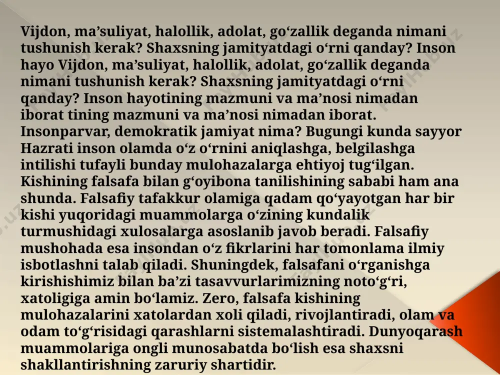 iy butun olamning o‘zi ulug‘ olam (olami kubro) bo‘lsa, insonning o‘zi kichik olamdir (insoni kubro), deb ta’kidlaydi. bunda odam olamning bir bo‘lagi sifatidagina emas, borliqning o‘ziga xos shakli sifatida idrok etiladi. boshqa narsalardan uning farqi shundaki, u o‘ylash va bilish, sevish va nafratlanish, quvonish va qayg‘urish, orzu qilish va baxtli bo‘lish imkoniga ega. ushbu qarama-qarshi qutblar orasidagi turli munosabatlar falsafaning bahs mavzuini tashkil etadi. olam va odam orasidagi munosabatlarni o‘rganishni falsafaning asosiy masalasi deb ta’kidlashga asos bormikan? faylasuflarning ko‘pchiligi bu masalaga to‘g‘ridan-to‘g‘ri javob berishga intilmagan bo‘lsalarda, bir narsa oydek ravshan bo‘lib turibdi: olam va odam orasidagi munosabatlar muammosi o‘ziga xos xarakterga ega. “olam-odam” munosabatlarini uch asosiy tipga bo‘lish mumkin: gnesiologik (bilishga doir), aksiologik (qadriyatlarga doir), prakseologik (amaliyotga doir). o‘z vaqtida buyuk nemis mutafakkiri immanuil kant falsafa uchun prinsipal ahamiyatga ega bo‘lgan uch savolni aytib o‘tgan edi. ular quyidagilar: “nimani bilishim mumkin?”, “nima qilishim kerak?”, “nimaga umid qilishim mumkin?”. savollar mohiyatiga …