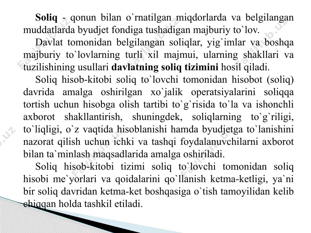 rajatlar va foydani shakllantirish amalga oshiriladi. tartibga soluvchi va rag`batlantiruvchi funksiyalar iqtisodiy funksiyalar deb ataladi. soliqlar funksiyasining bunday chegaralanishi maqsadli xarakter kasb etadi, chunki uning barcha funksiyalari bir-biri bilan chatishib ketadi va bir vaqtning o`zida amalga oshiriladi. soliq kategoriyasi namoyon bo`lishining aniq shakllari qonun chisaruvchi hukumat organlari belgilaydigan soliq to`lovlari turlaridir. bugungi kunda soliq tizimi bozor munosabatlari boshlanishini mustahkamlashga amaliy ta`sir etish, tadbirkorlikni rivojlantirishga ko`maklashish va bir vastning o`zida aholining past daromadli qatlamlarining ijtimoiy qashshoslashish yo`liga to`sis bo`lib xizmat qilishga yo`naltirilgandir. soliqlar davlat faoliyatining barcha yo`nalishlarini moliyalashtirishning asosiy manbalaridan biri va davlatning ustuvor yo`nalishlarini amalga oshirishning iqtisodiy vositasidir iqtisodiyotni davlat tomonidan tartibga soliq davlat byudjetini shakllantirish, jamiyatdagi u yoki bu jarayonlarni soliqqa tortish vositasida rivojlantirishga ta`sir etish usulidir. shunday silib, davlatning mavjud bo`lishi soliqlar bilan uzviy bog`lis, chunki soliq tushumlari - davlat iqtisodiy mustaqilligining bosh manbaidir. soliqlar, qarzlar bilan birga har qanday mamlakat mavjud bo`lishining manbaidir. davlatning to`lov qobiliyati va …