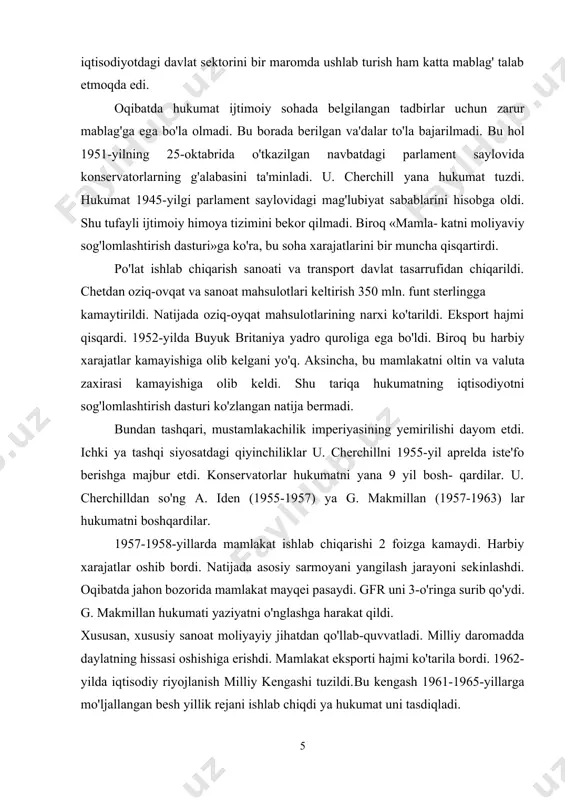 ga kamaydi. harbiy xarajatlar oshib bordi. natijada asosiy sarmoyani yangilash jarayoni sekinlashdi. oqibatda jahon bozorida mamlakat mayqei pasaydi. gfr uni 3-o'ringa surib qo'ydi. g. makmillan hukumati yaziyatni o'nglashga harakat qildi. xususan, xususiy sanoat moliyayiy jihatdan qo'llab-quvvatladi. milliy daromadda daylatning hissasi oshishiga erishdi. mamlakat eksporti hajmi ko'tarila bordi. 1962-yilda iqtisodiy riyojlanish milliy kengashi tuzildi.bu kengash 1961-1965-yillarga mo'ljallangan besh yillik rejani ishlab chiqdi уа hukumat uni tasdiqladi. biroq rejani hayotga tatbiq etishga muvaffaq bo'linmadi. ijtimoiy sohani mablag' bilan ta'minlash og'irlashdi. natijada hukumat kvartira haqi ustidan nazoratni bekor qildi. ish haqi muzlatildi. ayni paytda mustamlakachilik imperiyasi yemirildi. leyboristlar partiyasi hukumat siyosatini qattiq tanqid ostiga oldi vа 1951-1964-yillar oralig'idagi yillami «bekor o'tgan 13 yi1» deb atadi. sayloyda g'alaba qilsa, iqtisodiyotning qator muhim sohalarini milliylashtirish уа iqtisodiyotni reja asosida riyojlantirish yo'li bilan mamlakatni yangilashga уа uning qudratini qayta tiklashga va'da berdi. 1964-yilgi parlament sayloyida leyboristlar partiyasi g'alaba qozondi. partiya rahbari т. vilson boshchiligida yangi hukumat …