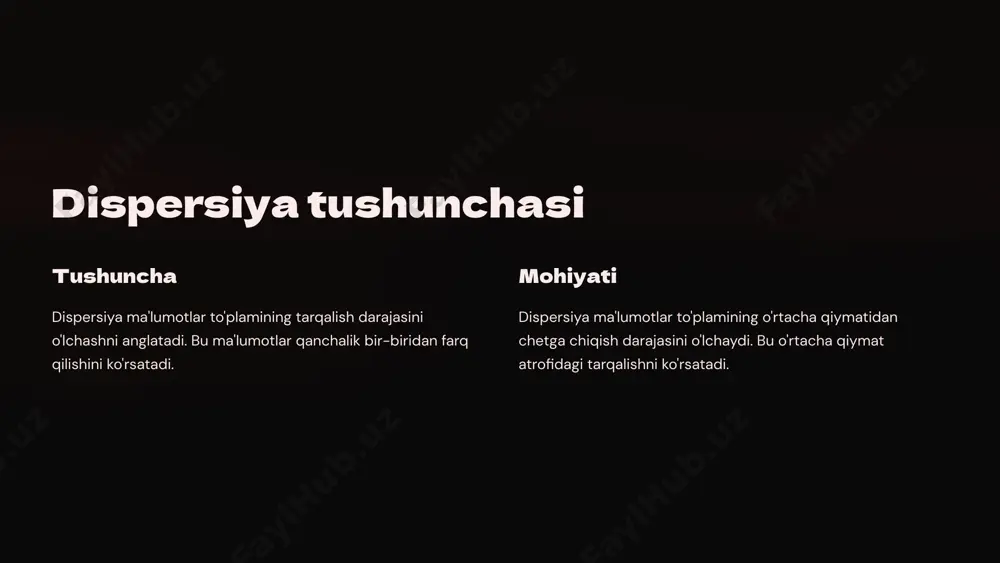 h darajasini aniqlashga yordam beradi. 2 xavfni baholash bu ko'rsatkichlar ma'lumotlar to'plamining o'zgaruvchanligini baholash va xavfni kamaytirishga yordam beradi. 3 qaror qabul qilish dispersiya ko'rsatkichlari ma'lumotlarga asoslangan qarorlar qabul qilishga yordam beradi. 10 e’tiboringiz uchun rahmat image1.png image2.png image3.png image4.png image5.png image6.png image7.png image8.png image9.png image10.png image11.png image12.png image13.png image14.png image15.png image16.png image17.png image18.png image19.png image20.png