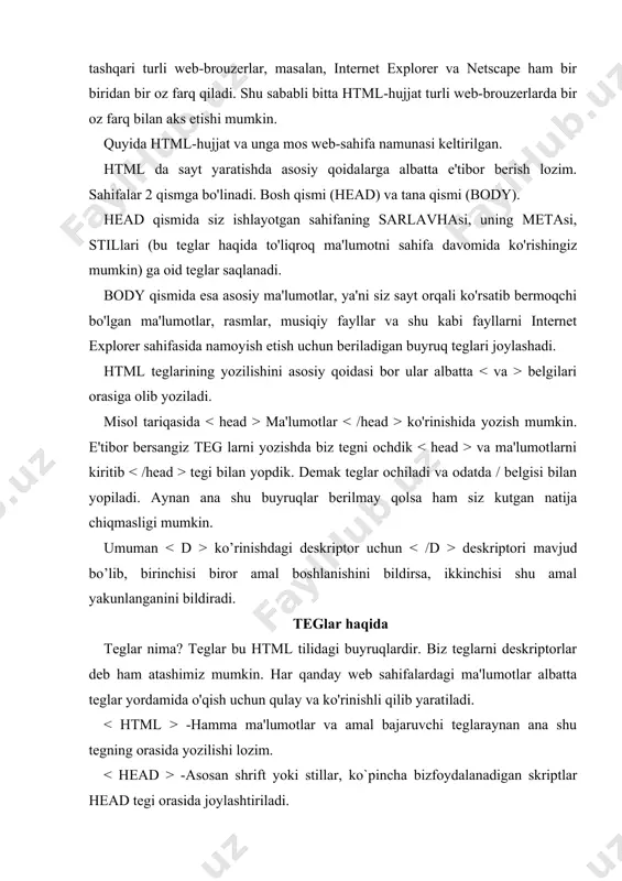 shi lozim. -asosan shrift yoki stillar, ko`pincha bizfoydalanadigan skriptlar head tegi orasida joylashtiriladi. -sahifaning sarlavhasi title tegi orasiga olib yoziladi - hamma ma'lumotlar - matnlar, rasmlar va shu kabi ma'lumot beruvchi ob'ektlar tana qismi body - tegi orasida joylashtiriladi. endi tekstlar bilan ishlashni ko'rib chiqamiz. biz sahifamizga ma'lumotlarning asosiy qismini tekst sifatida qo'yamiz. shuning uchun tekstlarni tartib bilan chiroyli dizaynda namoyish etish sahifaning o'qimishli bo'lishiga yordam beradi. tekstlar yozilishi qatorida yangi qatordan, abzatsdan yozilishi mumkin. buning uchun demak tekstlarga rang tanlash ham alohida nozik did talab qiladi. biz tekstga va teglaridan foydalanamiz. textni qalin, yotiq va tagiga chizilgan holda yozish uchun , va teglari orasida yozish kifoya. tekst orqali boshqa sahifaga yo'l korsatmoqchi bo'lsangiz albatta href tegida foydalanasiz. misol uchun www.connect.uz ko'rinishda yo'l ko'rsatsak albatta www.connect.uz sahifasi ochiladi. yana tekstlarni har-xil sarlavhalarda ham yozish mumkin. biz albatta sahifa yaratishda jadvallardan ham foydalanamiz. buning uchun - jadval, - jadval ustuni va …