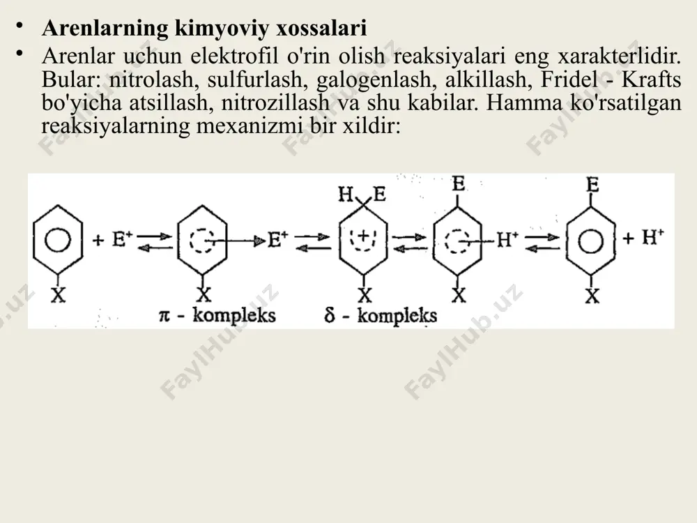 a bosimgacha siqib va bosqichlararo piroliz gazlarini separatsiyalab asosiy massadan kondensirlanuvchi yuqori uglevodorodlarni va suvni ajratib oladilar. 2. piroliz gazini h2s, co2 va oltingugurt – organik birikmalardan tozalash. piroliz gazlari h2s dan etanolaminning suvli eritmasida absorbsiyalab, tozalanadilar. bunda ushbu jarayon quyidagi tuzning hosil bo'lishi bilan ketadi: 3.piroliz gazlarini quritish. ushbu jarayonda dietilenglikol (hoch2ch2och2ch2oh) yordamida suv absorbsiyalanadi va so'ngra qoldiq - namlik naa seolitida quritiladi. 4.atsetilen va uning hosilalarini yo'qotish palladiyli yoki nikelkobalt xromli katalizator ishtirokida selektiv gidrirlash orqali amalga oshiriladi. 5.c2, c3, c4 fraksiyalarini ajratish va konsentrlangan alkenlami olish. piroliz gazlarini tor uglevodorod fraksiyalariga ajratish va ulardan konsentrlangan alkenlarni ajratib olish rektefikatsiya yo'li bilan amalga oshiriladi. alkenlarning kimyoviy xossalari alkenlar reaksiyaga o'ta qobiliyatli birikmalardir. quyida ularning eng zarur reaksiyalarini ko'rib o'tamiz. vodorodni biriktirib olish o'ta maydalangan platina yoki palladiy ishtirokida xona haroratida vodorod alkenlarga birikadi. reaksiya analitik ahamiyatga ega. ushbu sharoitlarda aren uglevodorodlar gidrirlanmaydilar. shunday qilib, alkenlaming miqdorini ushbu yo'l …