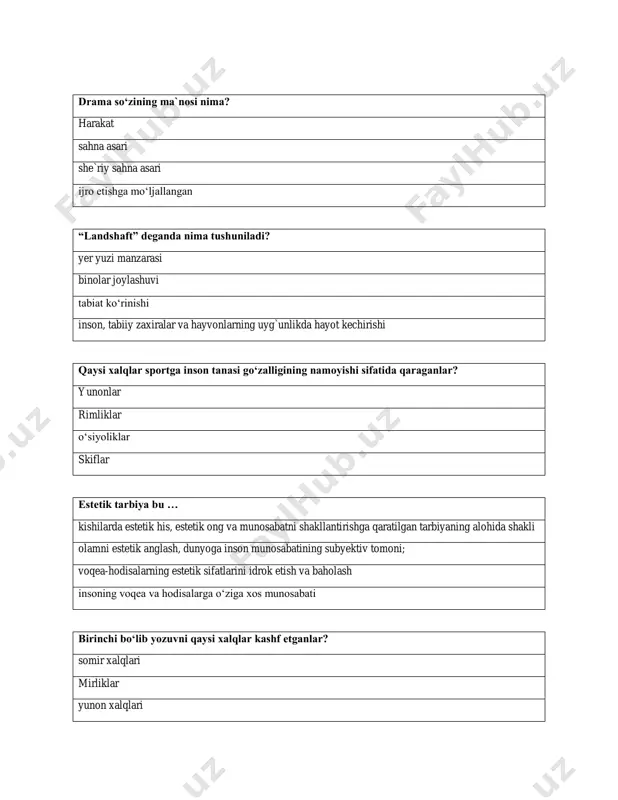 v voqelikdan narsa va hodisalarning tomonlarini aks etadi. inson ongida predmetlarning belgilarini in’ikosidir. tushuncha mazmuniga ko’ra qanday turlarga bo’linadi? konkret, mavhum, nisbatdosh, ijobiy, salbiy, nisbatli. yakka, mavhum, konkret. konkret, mavhum, to’planma, musbat, manfiy. mavhum, nisbatdosh, ijobiy, salbiy. hukmning predikati nima? hukmning mantiqiy kesimi. hukmning mantiqiy bog’lovchisi. predmetning ma’lum qismini fodalavchi tushuncha. muayyan predmet haqidagi fikrdir. logika so’zining lug’aviy ma’nosi qanday? logika (yunoncha logike) – so’z, fikr, tafakkur degan ma’noni bildiradi. logika (yunoncha logike) – bu mantiqning buzilib aytilishidi. logika (yunoncha logike) – hukm, tushuncha degan ma’noni anglatadi. logika (yunoncha logike) – tafakkur shakllaridir. baland va past tushunchalari qaysi munosabatlarga misol bo’la oladi? qarama – qarshi. buysunish. qisman mos kelish. zidlik. dunyoni sezish bu? - bu o‘zini qurshаgаn dunyoni sezgilаr yordаmidа hissiy idrоk etish - fаqаt оb’ektlаrni аnglаsh - insоn o‘zini tushunish - аql yordаmidа tushunish tаriхаn dunyoqаrаshning shаkllаri bu? - mif, din, fаlsаfа, fаn - mif, fаn, оv - din, …