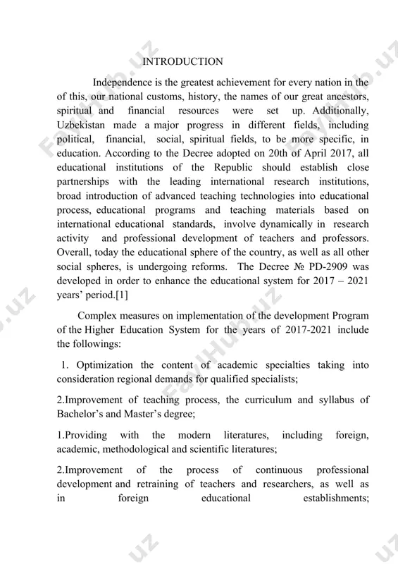 ic research activities; 2.improvement of the content of spiritual enlighte nment and educational issues; 1strengthening the economic and technical resources of higher education institutions; 1.modernization of existing as well as creating modern teaching and scientific laboratories; 2providing the teaching process with modern information and communication technologies.[2] according to the program, during the years of 2017-2021 construction, reconstruction and major repairs of 180 educational and scientific laboratories, sports facilities and units of social engineering infrastructures belonging to 48 higher educational inst itutions will be carried out. at the same time, step-by-step realization of ultra-modern equipment’s of 400 teaching laboratories in 53 educational establishments included to the plan, and scientific laboratories intended in the cooperation with other higher educational establishments in the field of scientific research are going to be established. until 2021, it is planned step-by-step increase the number of student enrollment for 18 percent on bachelor’s degree and master’s specialty …