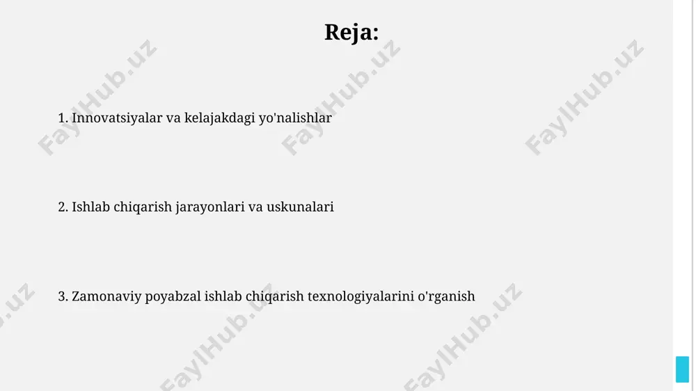 texnologiyalari zamonaviy poyabzal ishlab chiqarishda 3d-printig texnologiyasi qo‘llanilmoqda, bu esa 1000 dan ortiq turdagi individual dizaynlarni yaratish va ishlab chiqarish vaqtini 30% ga qisqartirish imkonini beradi. avtomatlashtirilgan tikuvchilik liniyalari yordamida kuniga 5000 juftgacha poyabzal ishlab chiqarish mumkin, bu esa mehnat unumdorligini 2 barobar oshiradi va xatoliklar sonini 15% ga kamaytiradi. kelajakdagi tendentsiyalar bio-materiallar, qayta ishlangan materiallar va ekologik toza ishlab chiqarish usullari qo'llanilishi poyabzal sanoatida 2030-yilga kelib 25% ga kamayishi kutilmoqda. aqlli poyabzal texnologiyalari, masalan, sog'liqni saqlash sensorlari va gps-trekking funksiyalari bilan jihozlangan poyabzallar, kelgusi 5 yil ichida bozorda 15% ulushga ega bo'ladi. avtomatlashtirish va robotlashtirish cnc frezalash va 3d-printer texnologiyalari poyafzal detallarini aniq va tezkor tayyorlash imkonini beradi, bu esa ishlab chiqarish jarayonini 2-3 barobar tezlashtiradi. avtomatlashtirilgan konveyer liniyalarida bir soatda 500 juftgacha poyafzal ishlab chiqarish mumkin, bu esa an'anaviy usullar bilan taqqoslaganda unumdorlikni sezilarli darajada oshiradi. e'tiboringiz uchun rahmat @taqdimot_robot image1.jpg image2.jpg image3.jpg image4.jpg image5.jpg image6.jpg image7.jpg